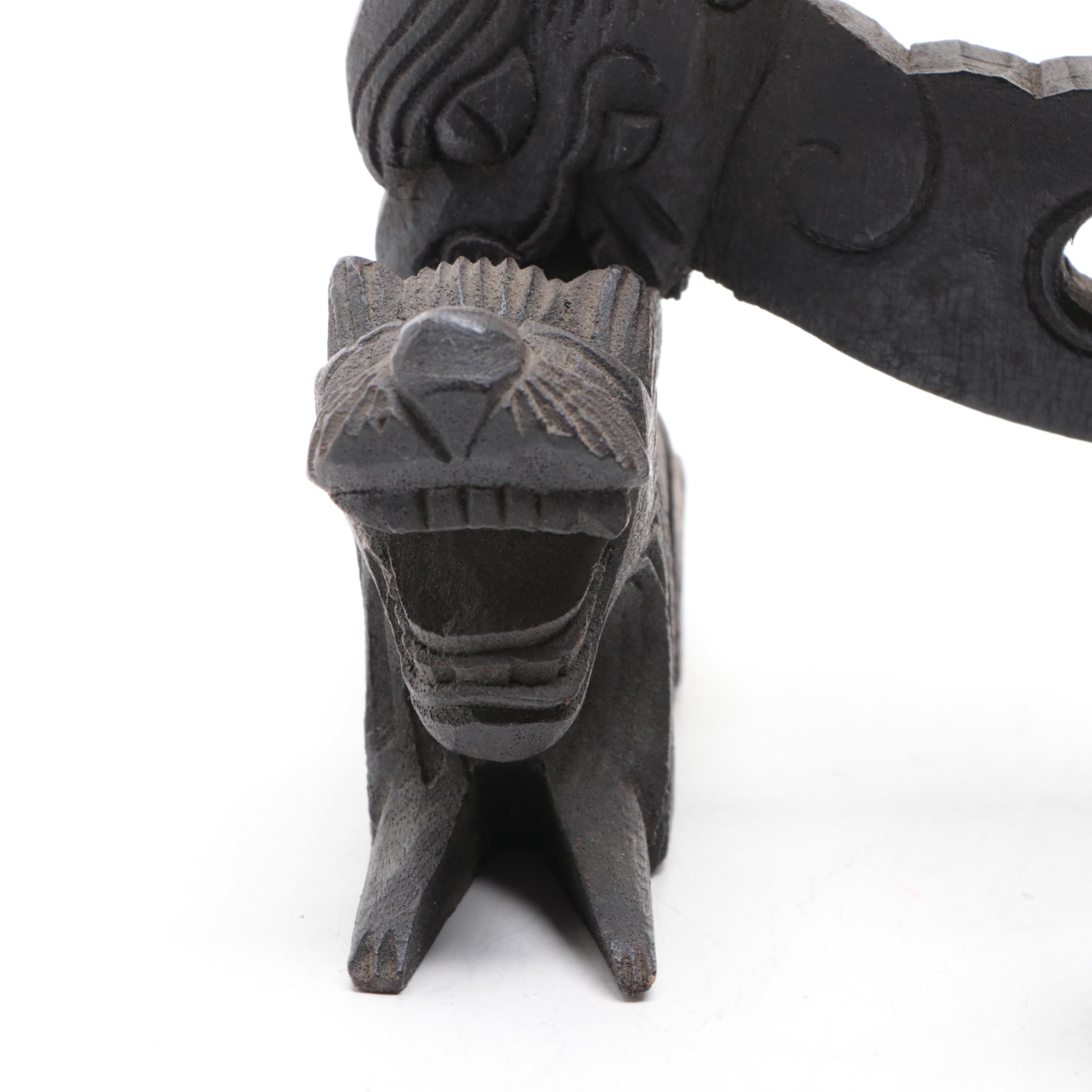 Chinese Dragon and Guardian Lion Brass, Wood and Metal Temple Gong Bell, 20th C.