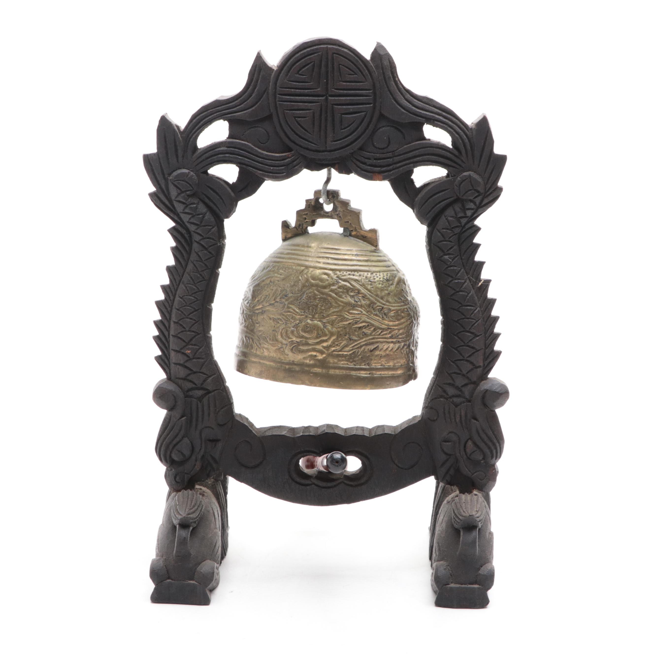 Chinese Dragon and Guardian Lion Brass, Wood and Metal Temple Gong Bell, 20th C.