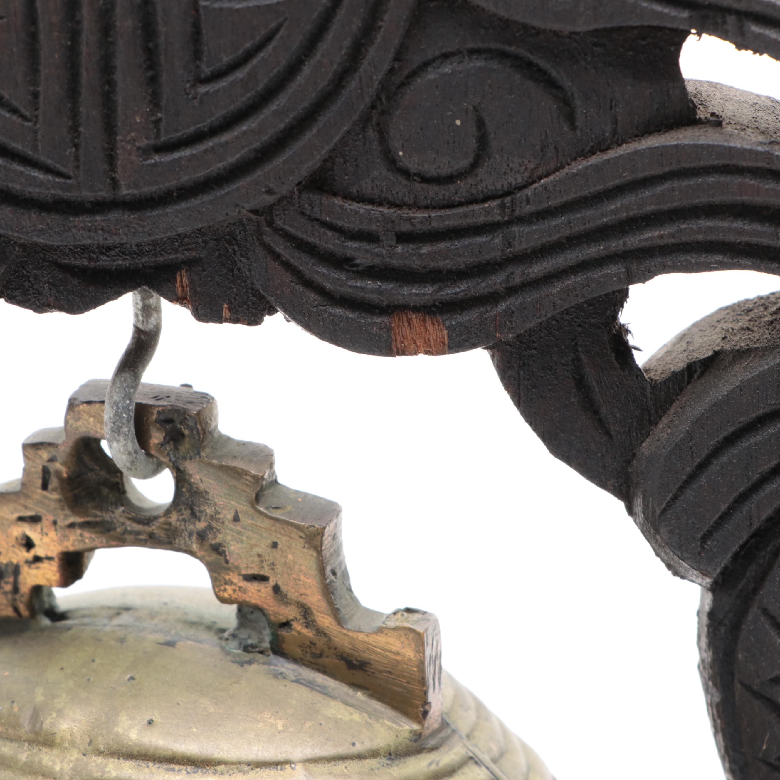 Chinese Dragon and Guardian Lion Brass, Wood and Metal Temple Gong Bell, 20th C.