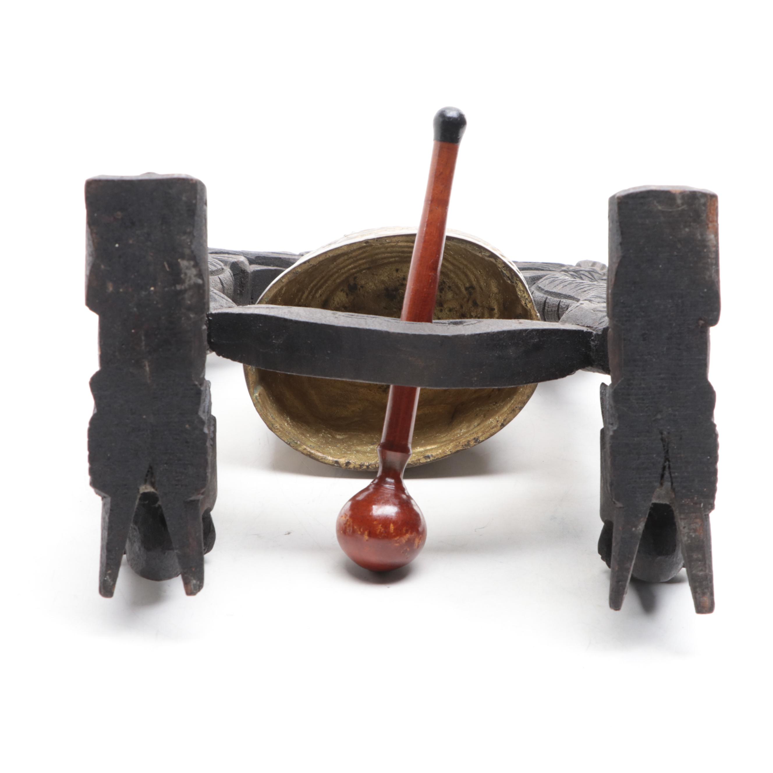 Chinese Dragon and Guardian Lion Brass, Wood and Metal Temple Gong Bell, 20th C.