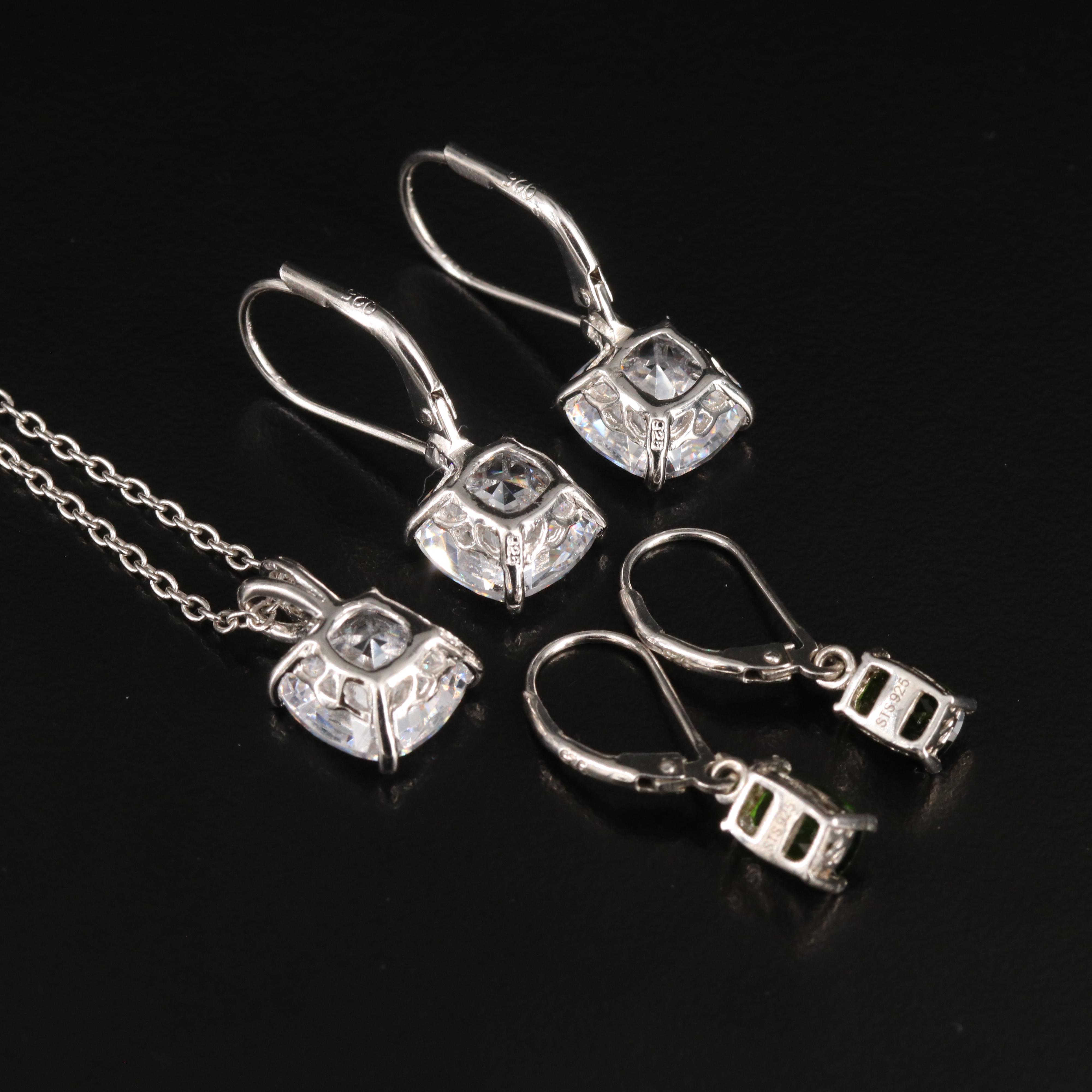 Sterling Necklace and Earrings with Diopside and Cubic Zirconia