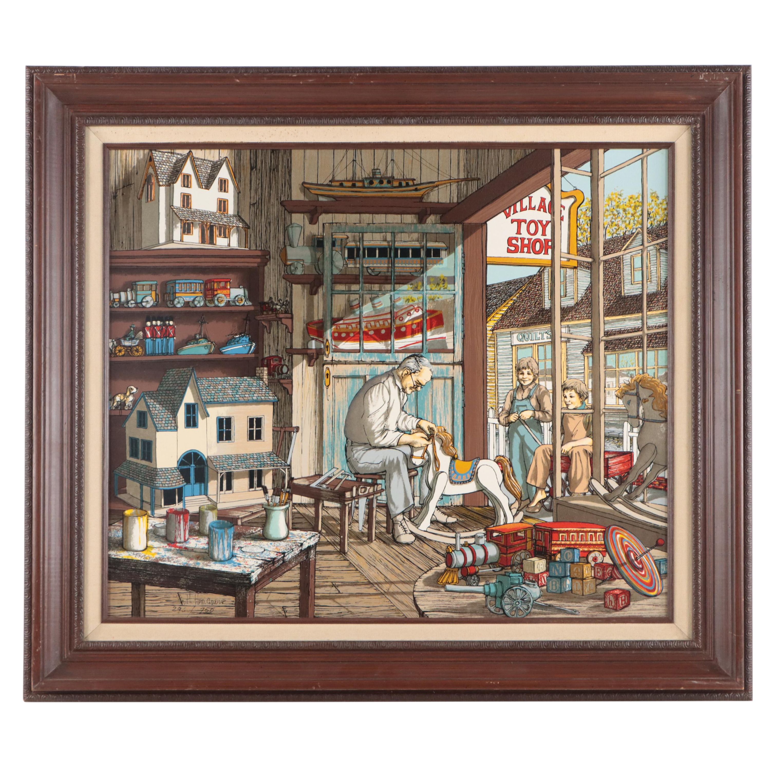 H. Hargrove Serigraph of Man in Toy Shop
