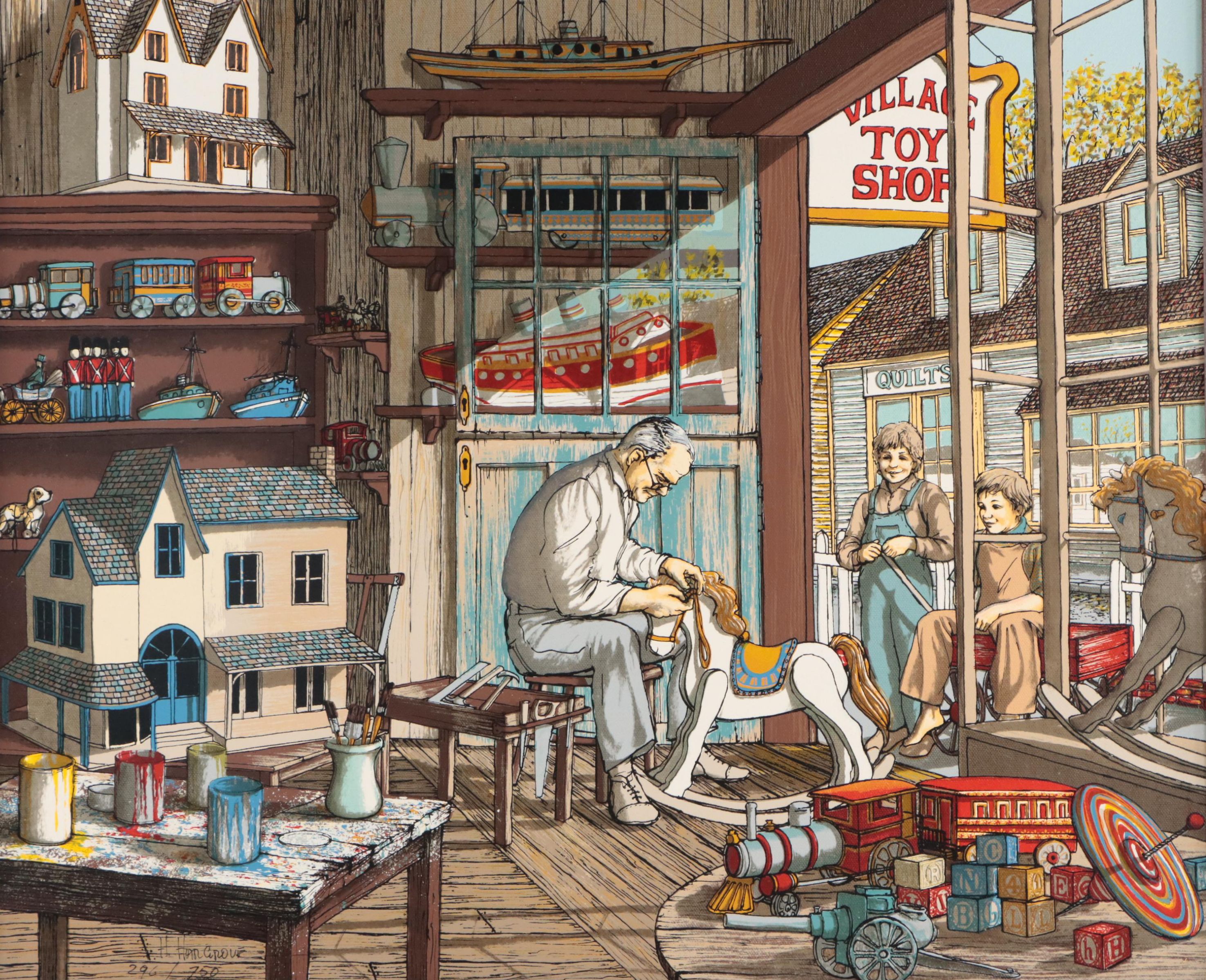 H. Hargrove Serigraph of Man in Toy Shop