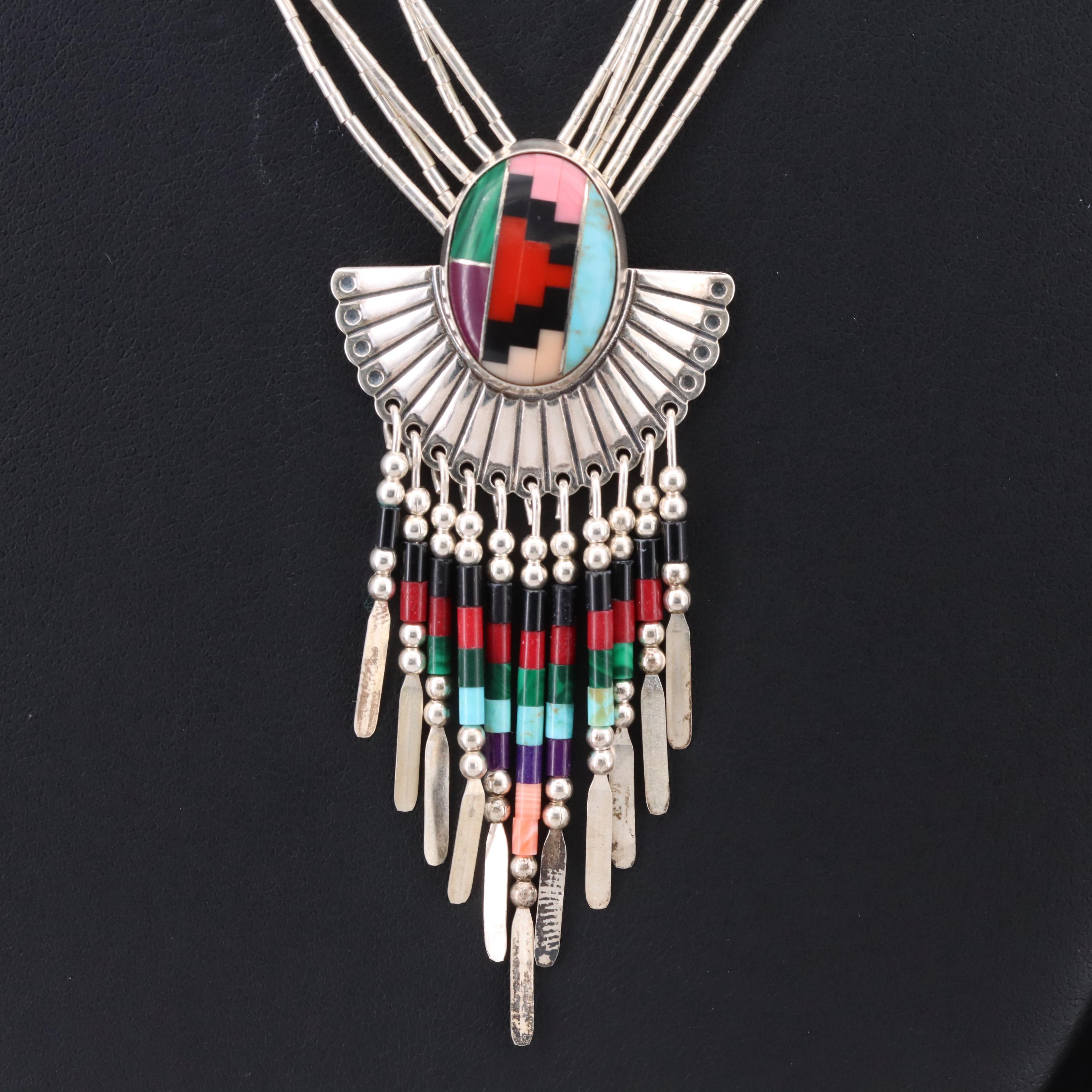 Southwestern Sterling Gemstone Inlay Necklace