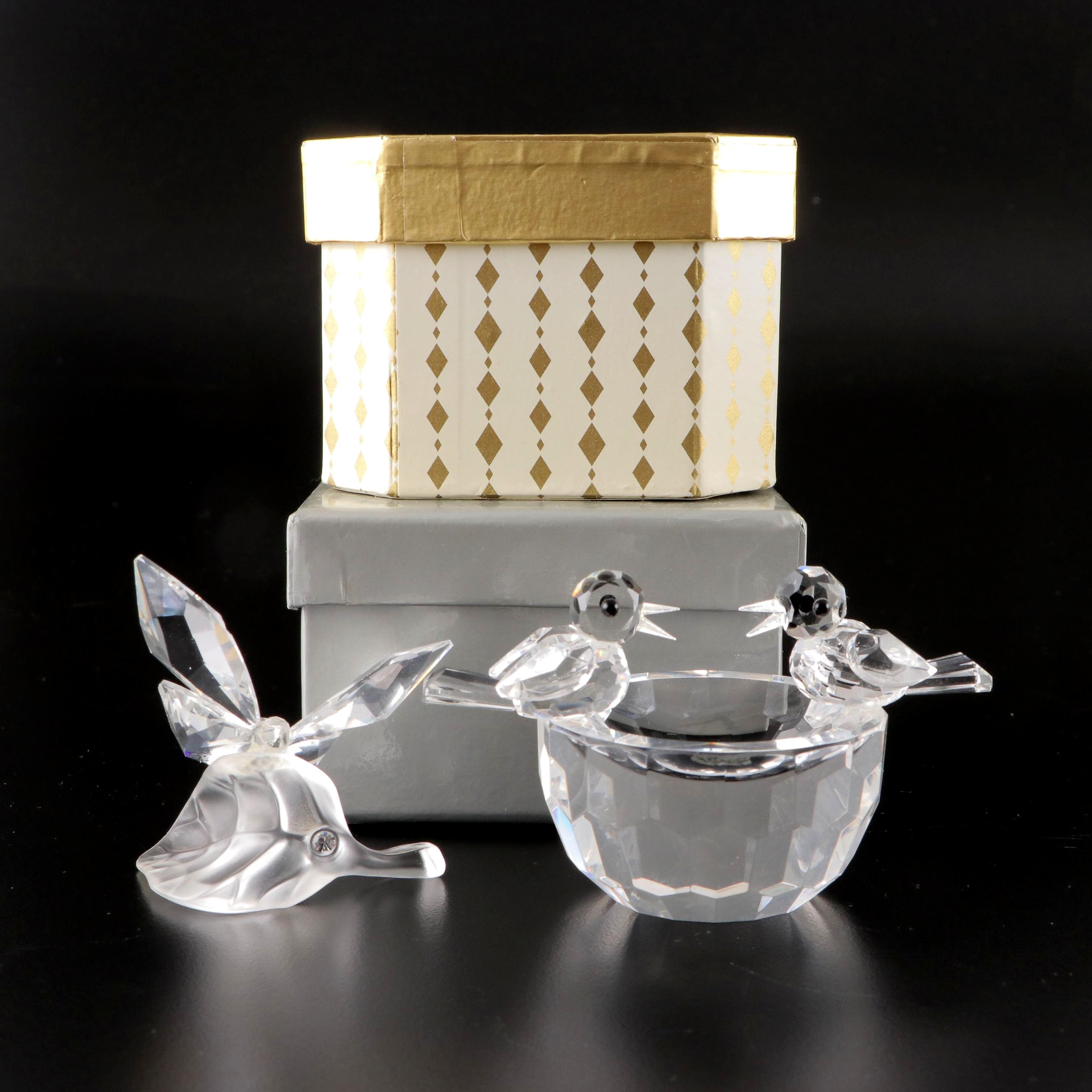 Swarovski Crystal Butterfly on Leaf and Birds in Bird Bath Figurines