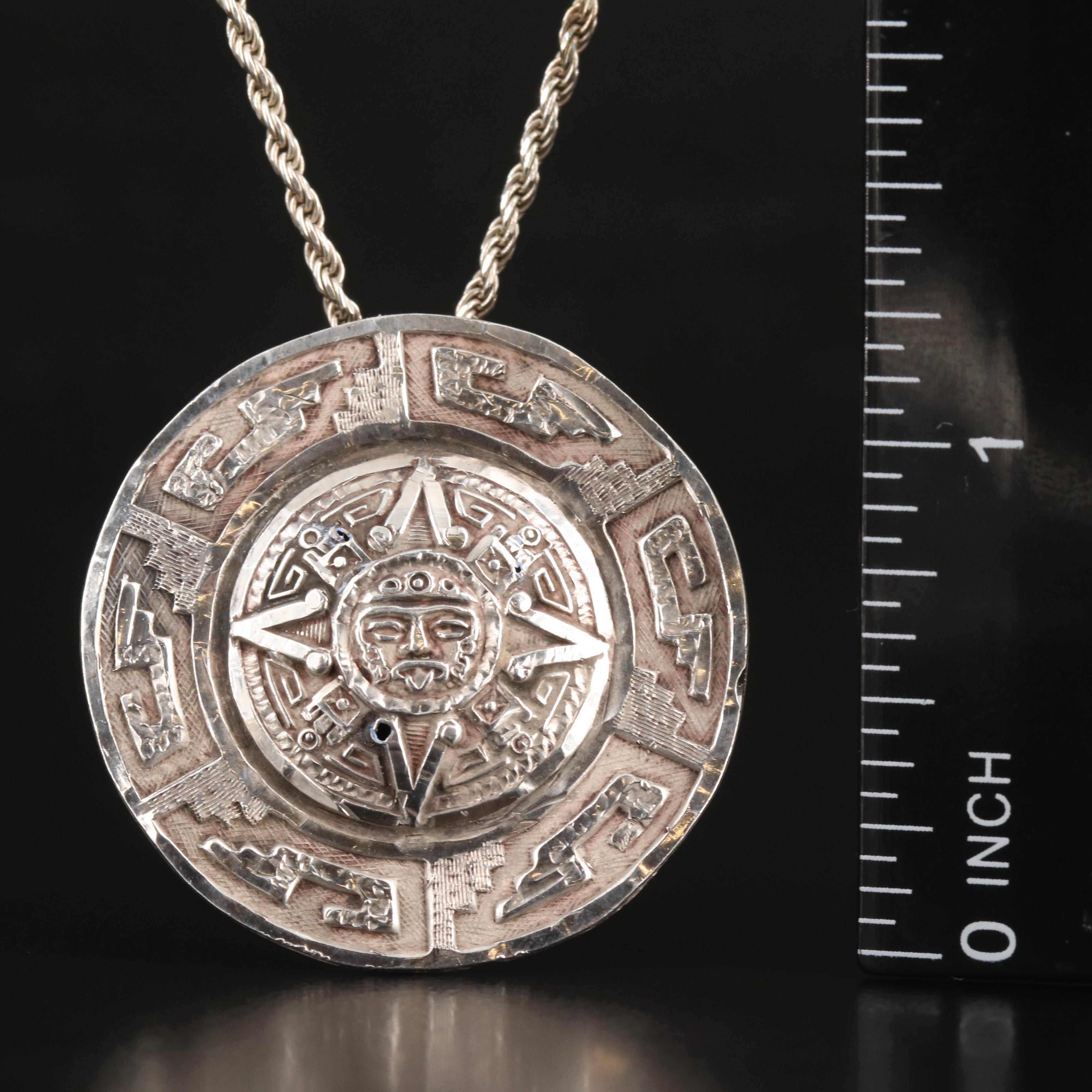 Sterling Aztec Calendar Converter Pendant Necklace