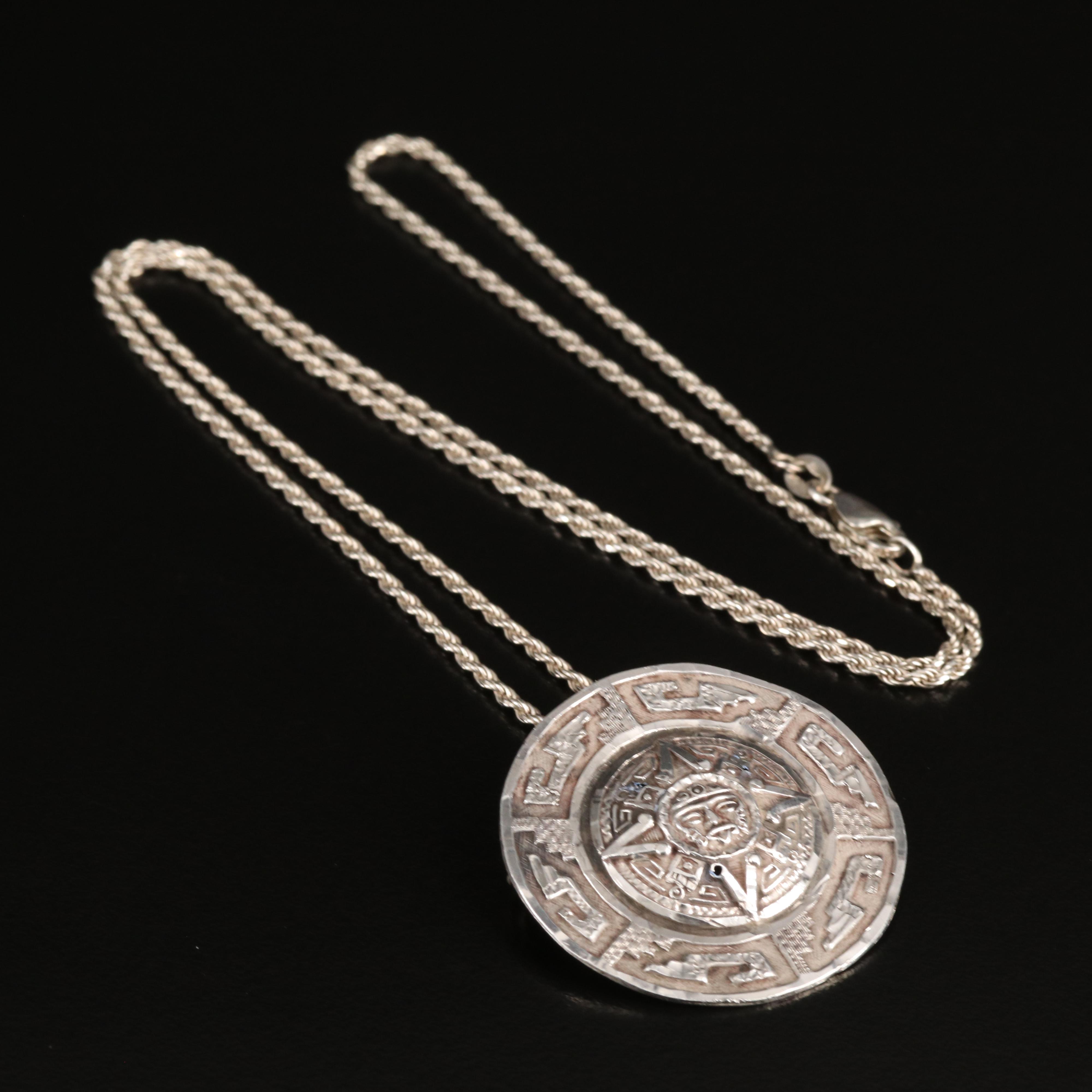 Sterling Aztec Calendar Converter Pendant Necklace