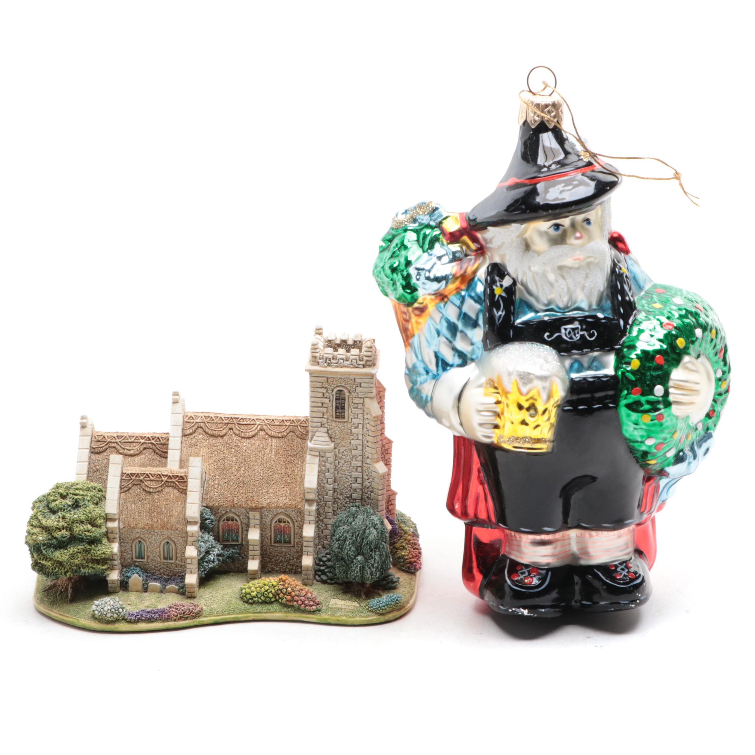 Lilliput Lane English Church Figurine with Figural German Santa Claus Ornament