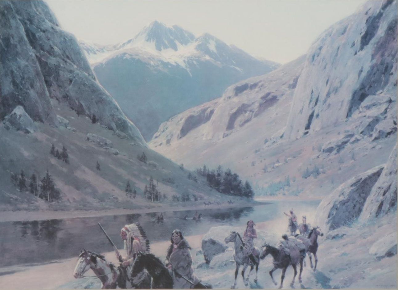 Offset Lithograph After Henry Farny "Indian Marauders in Party Fording Stream"