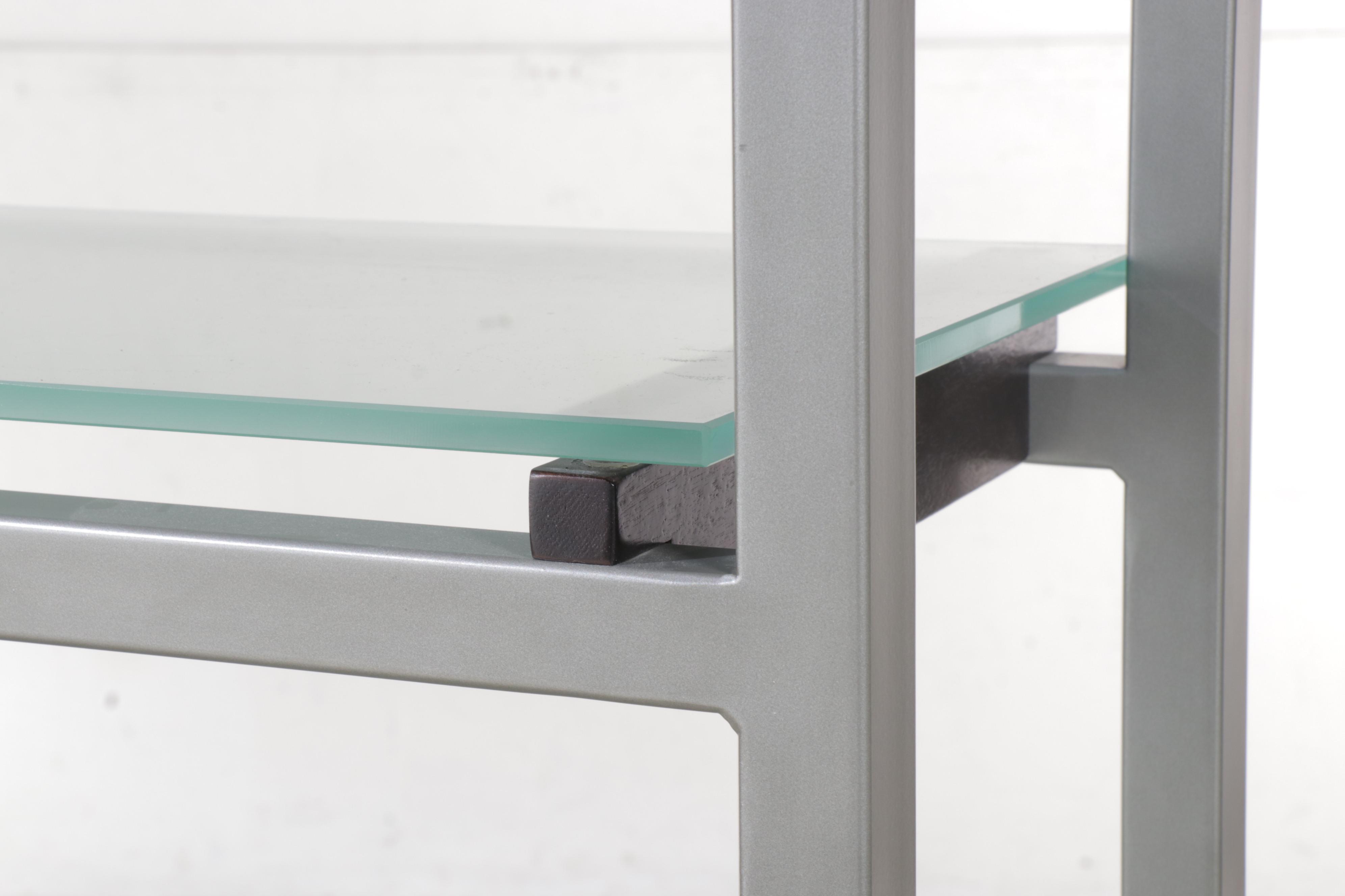 Modernist Style Metal, Slatted Wood, and Frosted Glass Shelving Unit