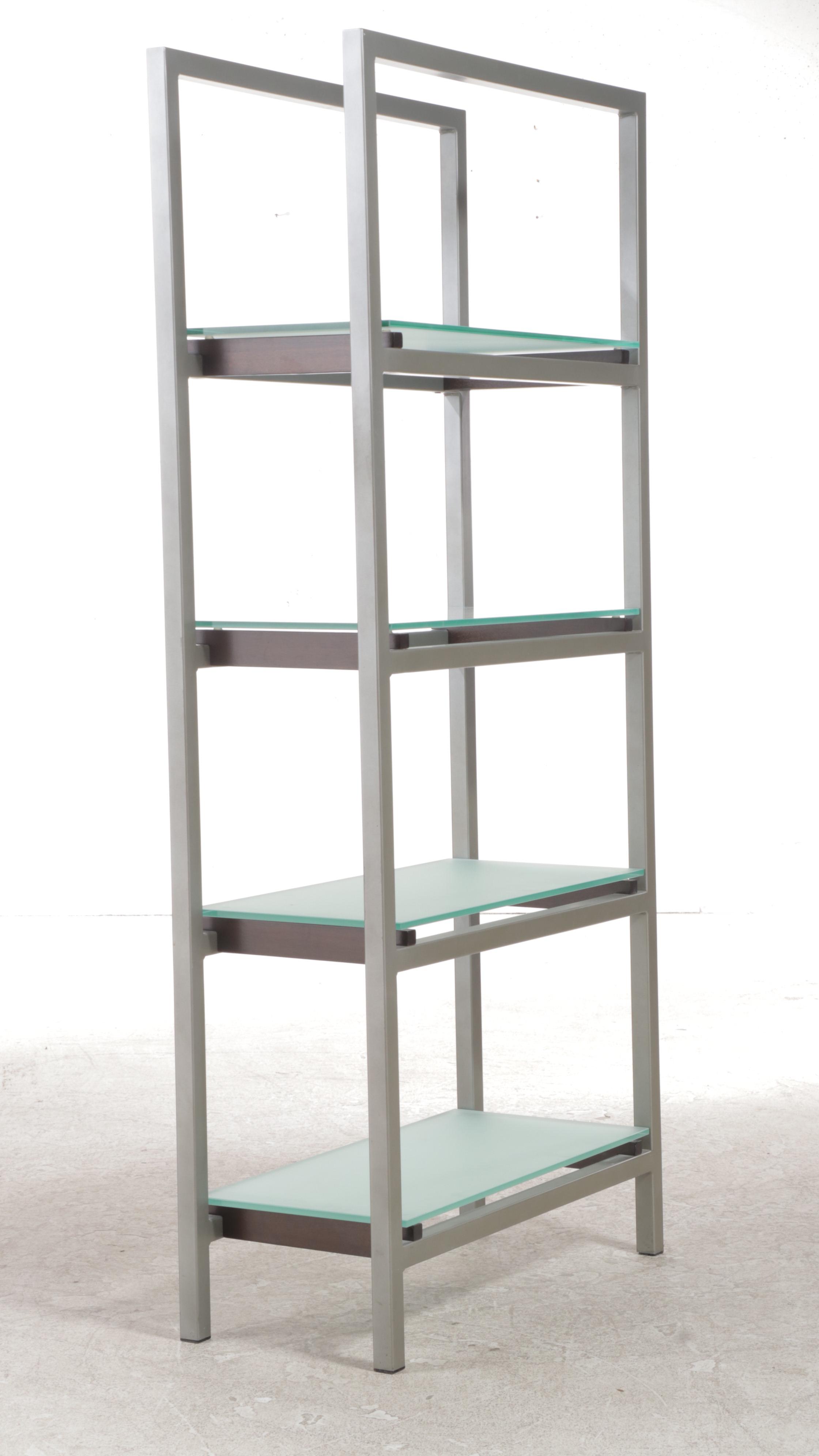 Modernist Style Metal, Slatted Wood, and Frosted Glass Shelving Unit