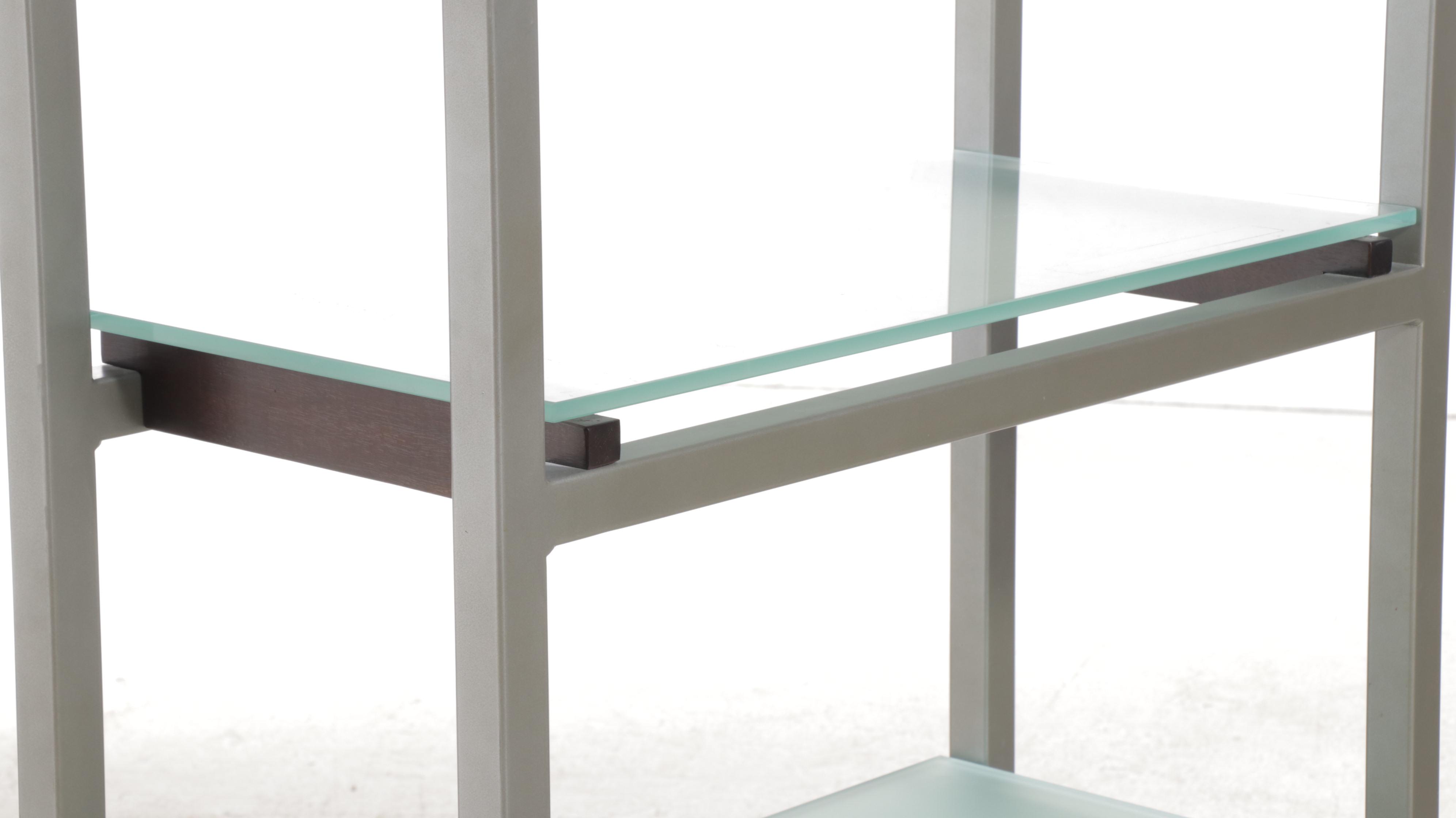 Modernist Style Metal, Slatted Wood, and Frosted Glass Shelving Unit