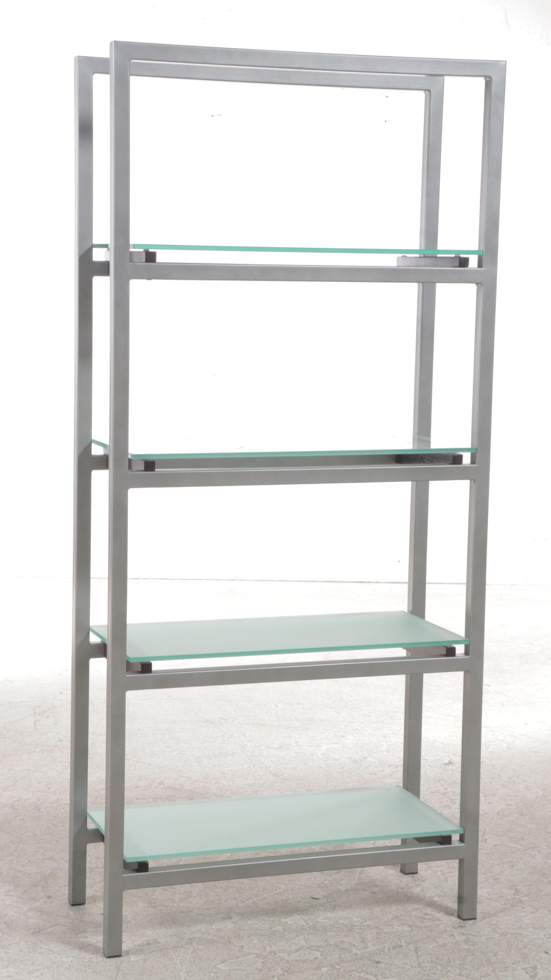 Modernist Style Metal, Slatted Wood, and Frosted Glass Shelving Unit