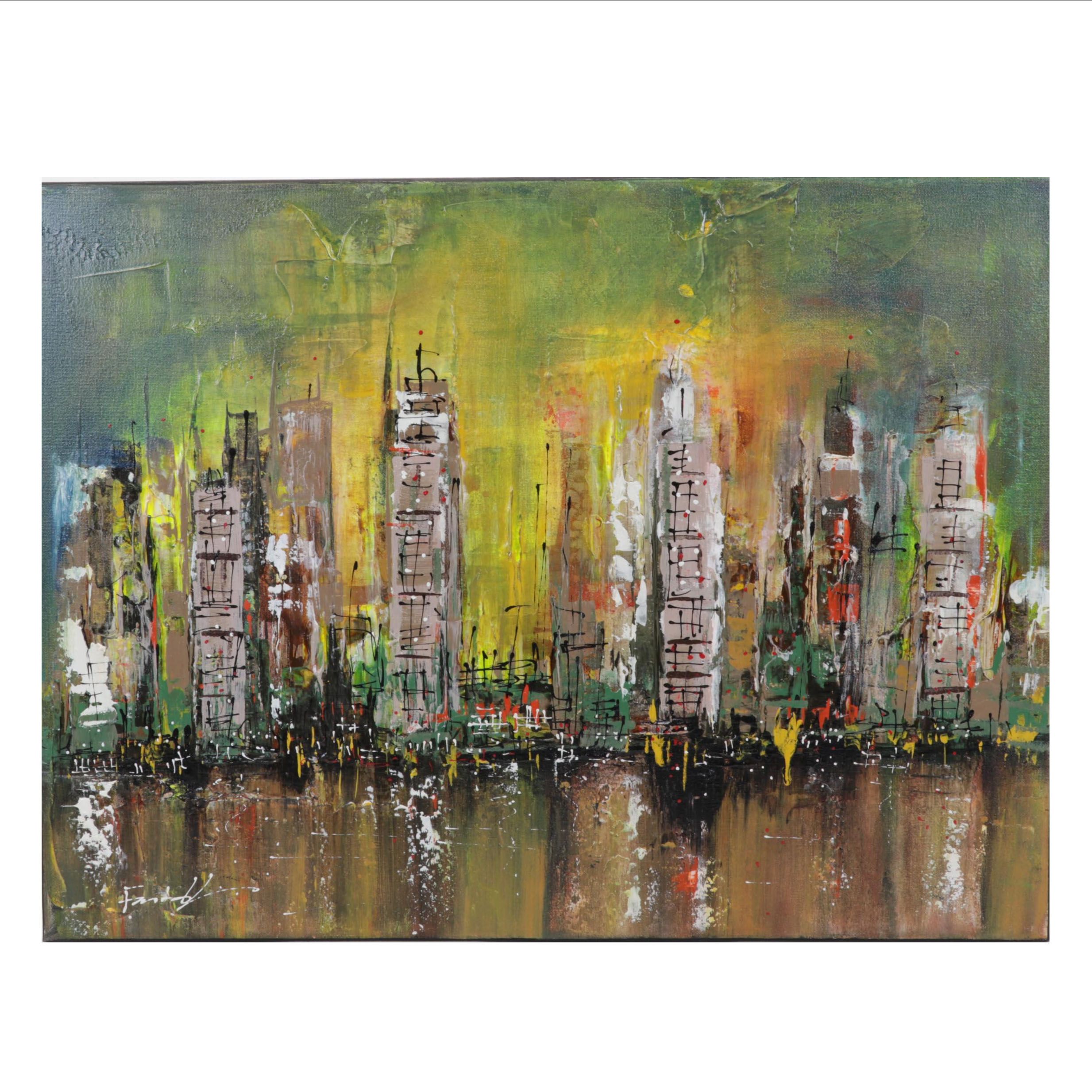 Farshad Lanjani Abstract Coastal Cityscape Acrylic Painting, 21st Century