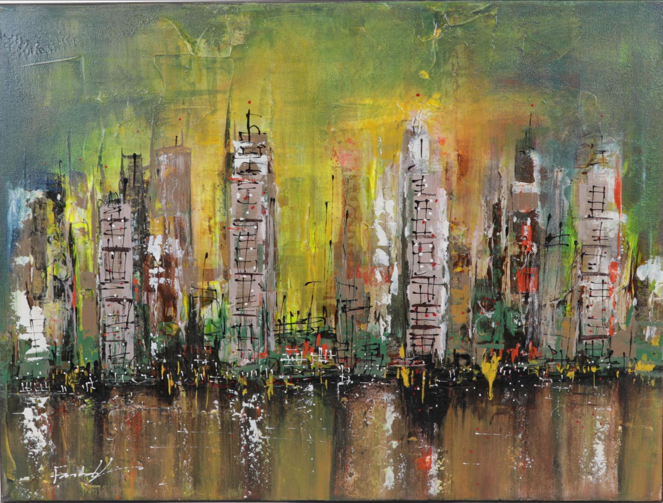 Farshad Lanjani Abstract Coastal Cityscape Acrylic Painting, 21st Century