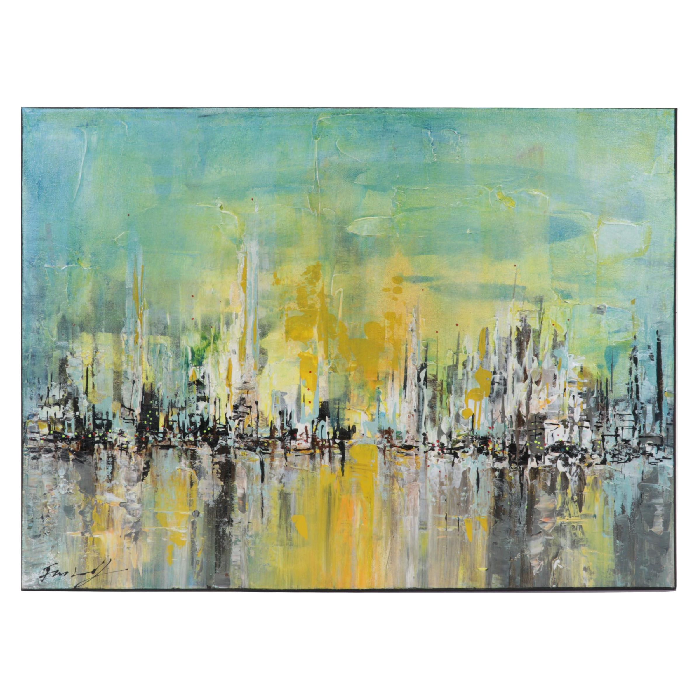 Farshad Lanjani Abstract Acrylic Painting of Coastal City Sunrise
