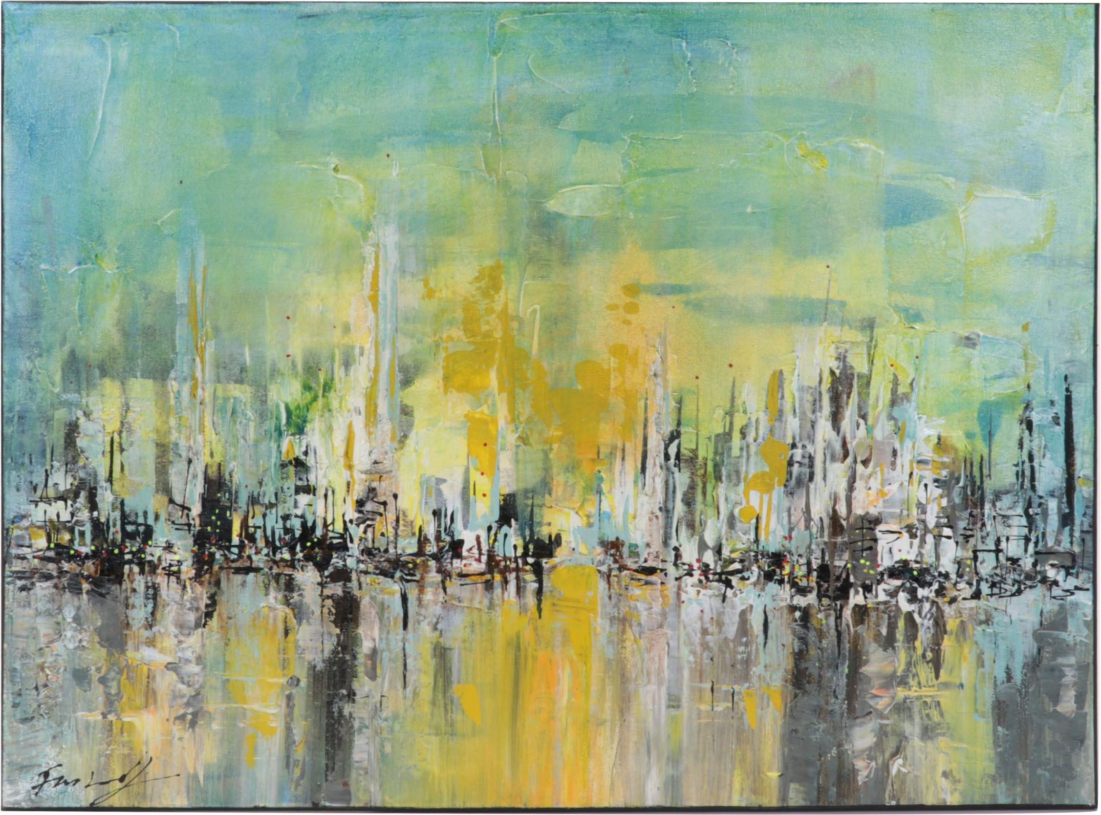 Farshad Lanjani Abstract Acrylic Painting of Coastal City Sunrise