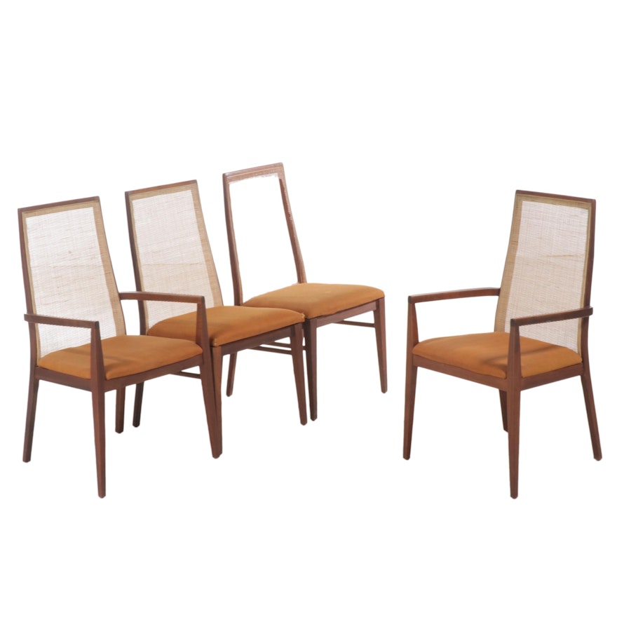Four Dillingham Mid Century Modern Walnut and Cane Dining Chairs, 1968