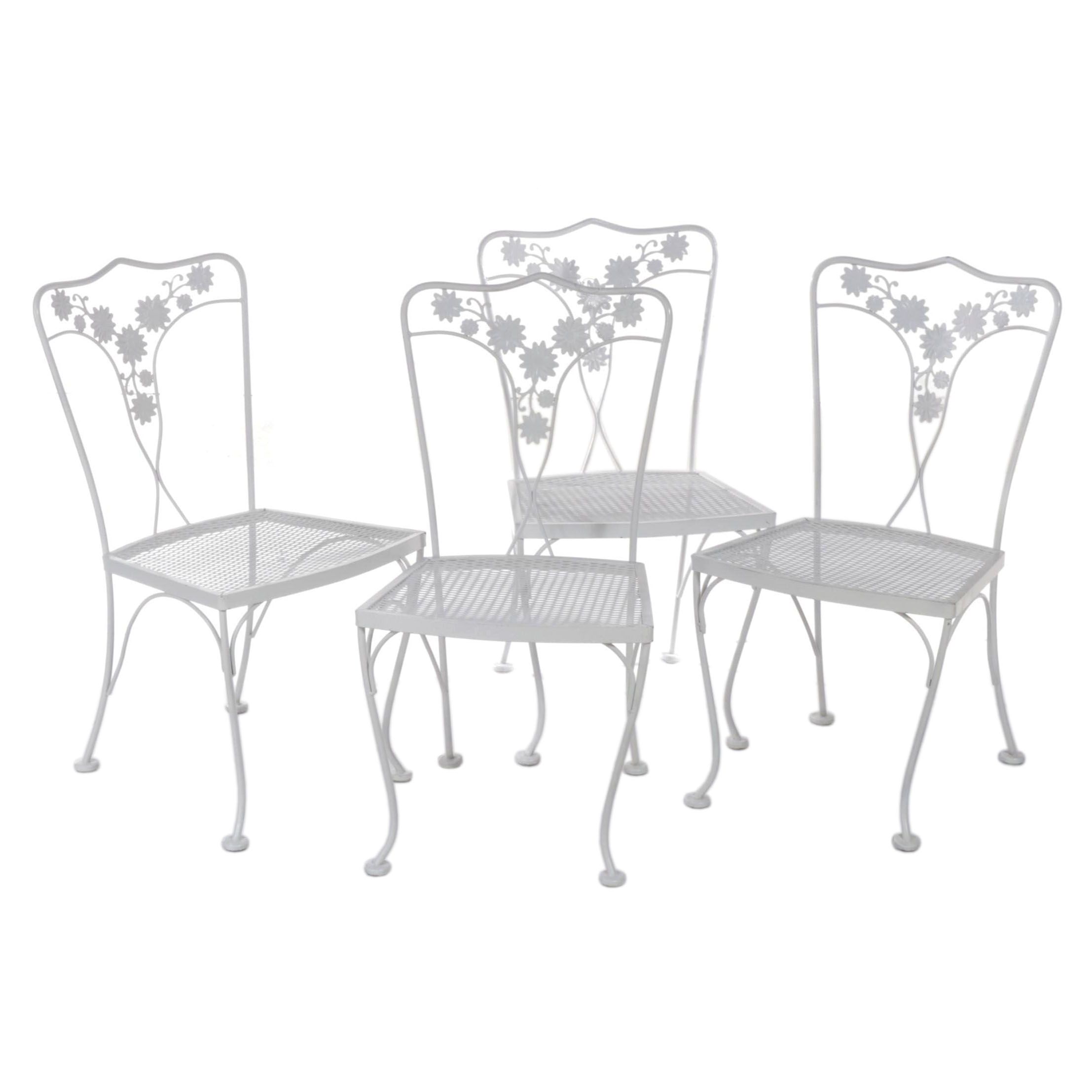 Four White-Painted Iron and Wire Mesh Patio Side Chairs