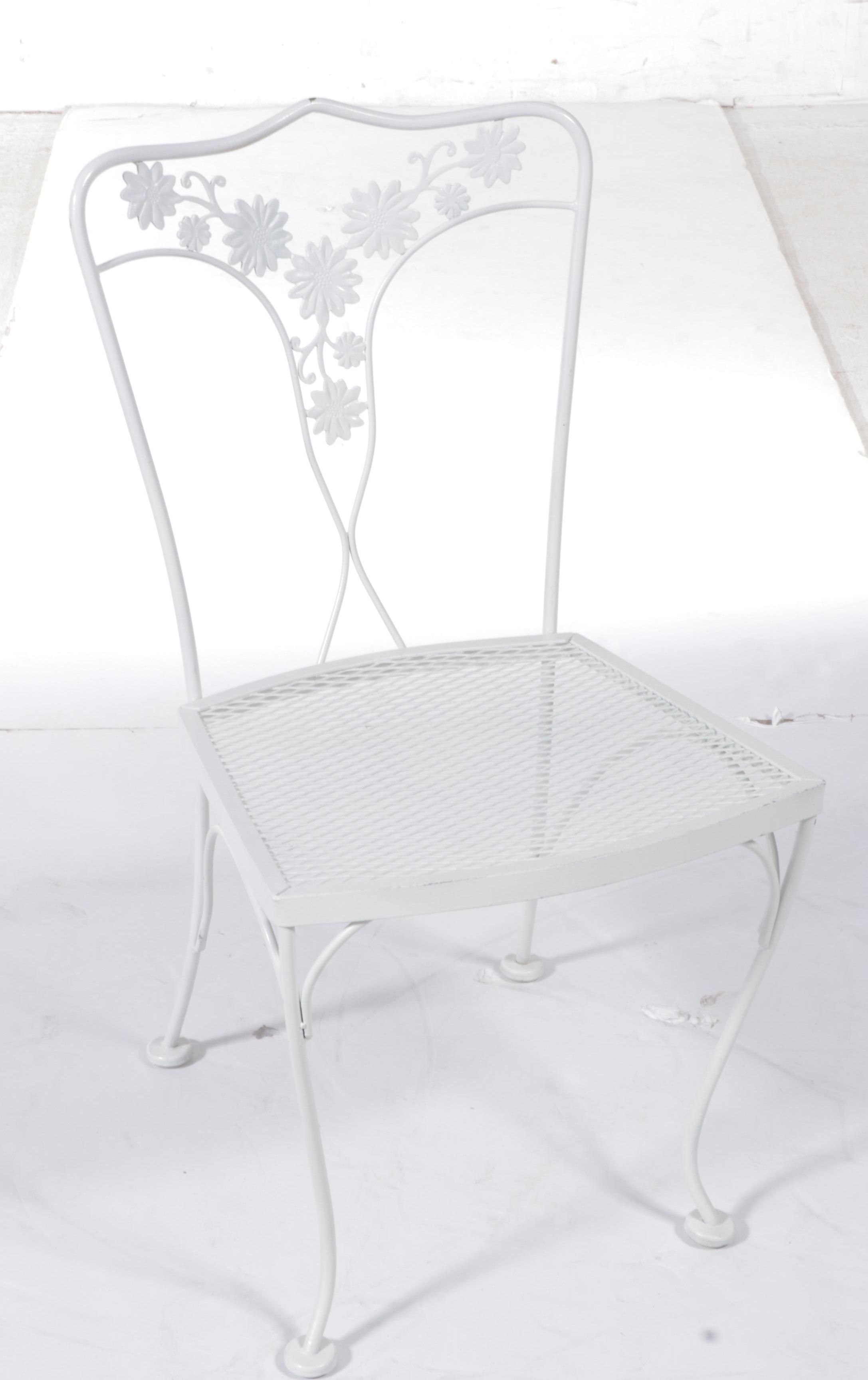 Four White-Painted Iron and Wire Mesh Patio Side Chairs