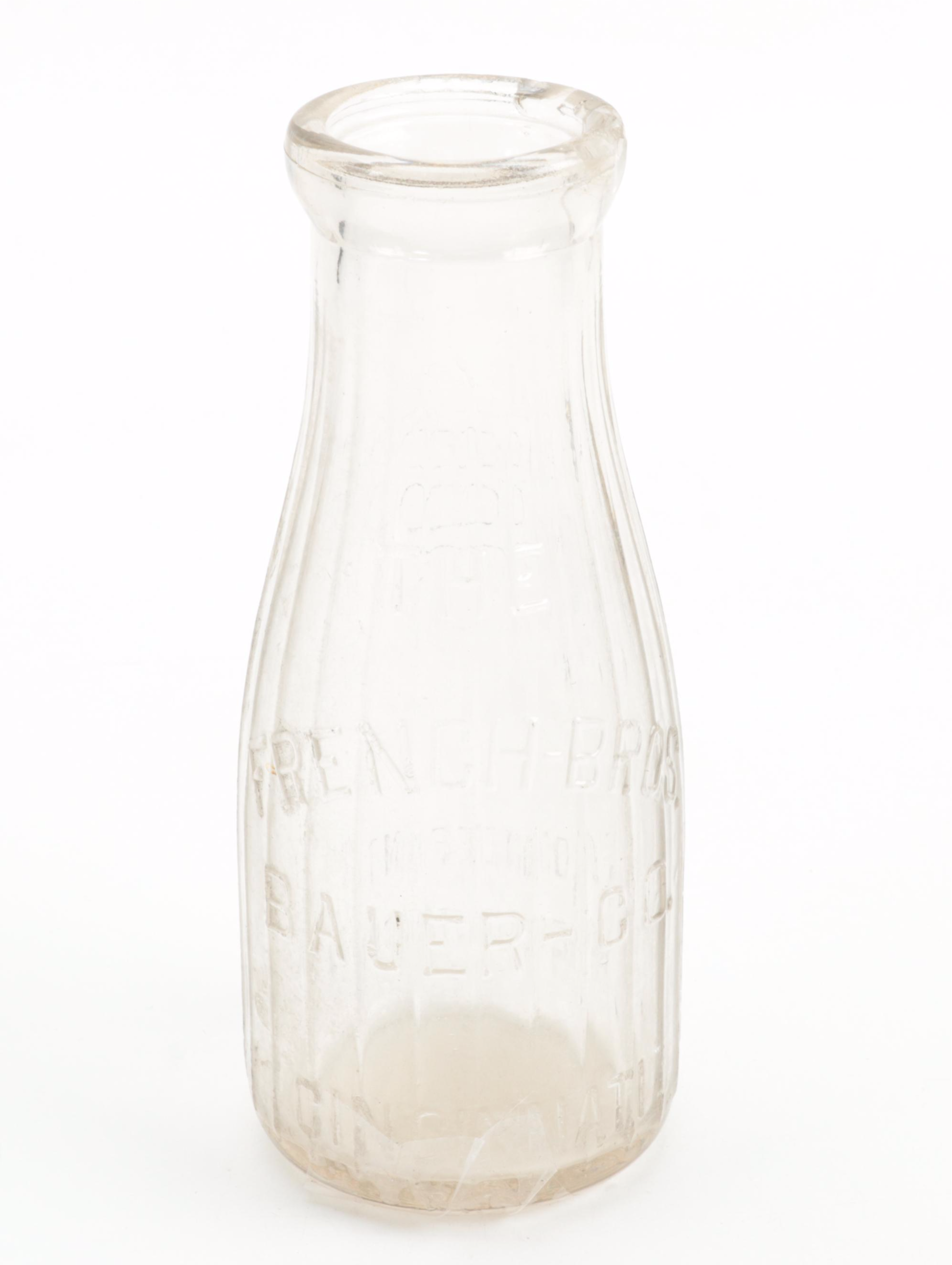 French Bros Bauer Co Milk Bottle with Painted Wooden Crate and Burlap Sacks