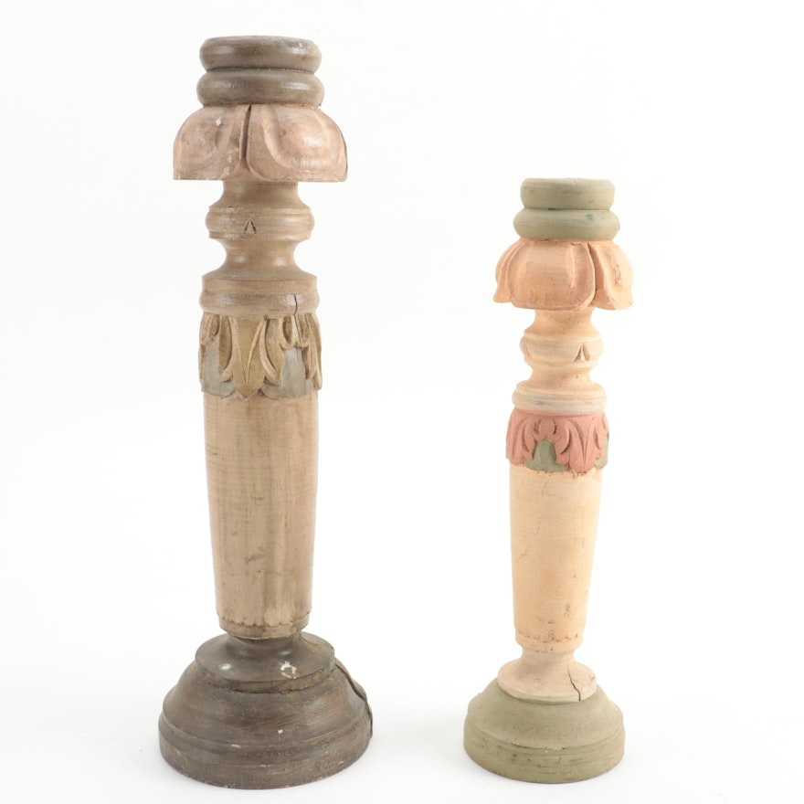 Neoclassical Style Paint-Decorated Carved Wood Candlesticks, Late 20th Century