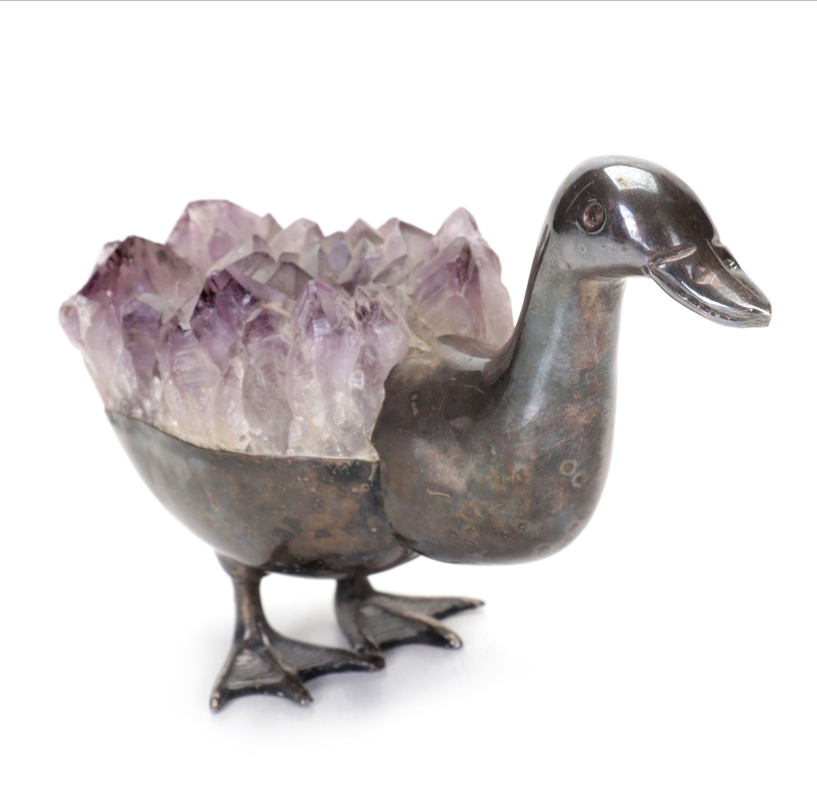 Gerson Silver Plate and Amethyst Duck Sculpture, Mid 20th Century