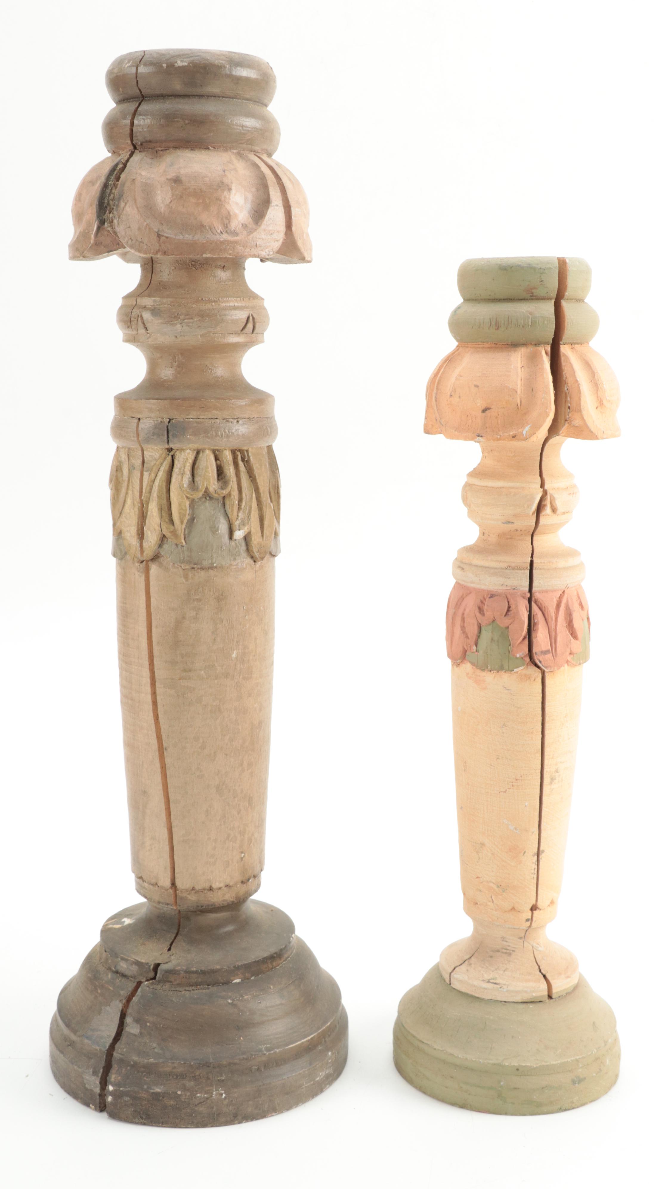 Neoclassical Style Paint-Decorated Carved Wood Candlesticks, Late 20th Century