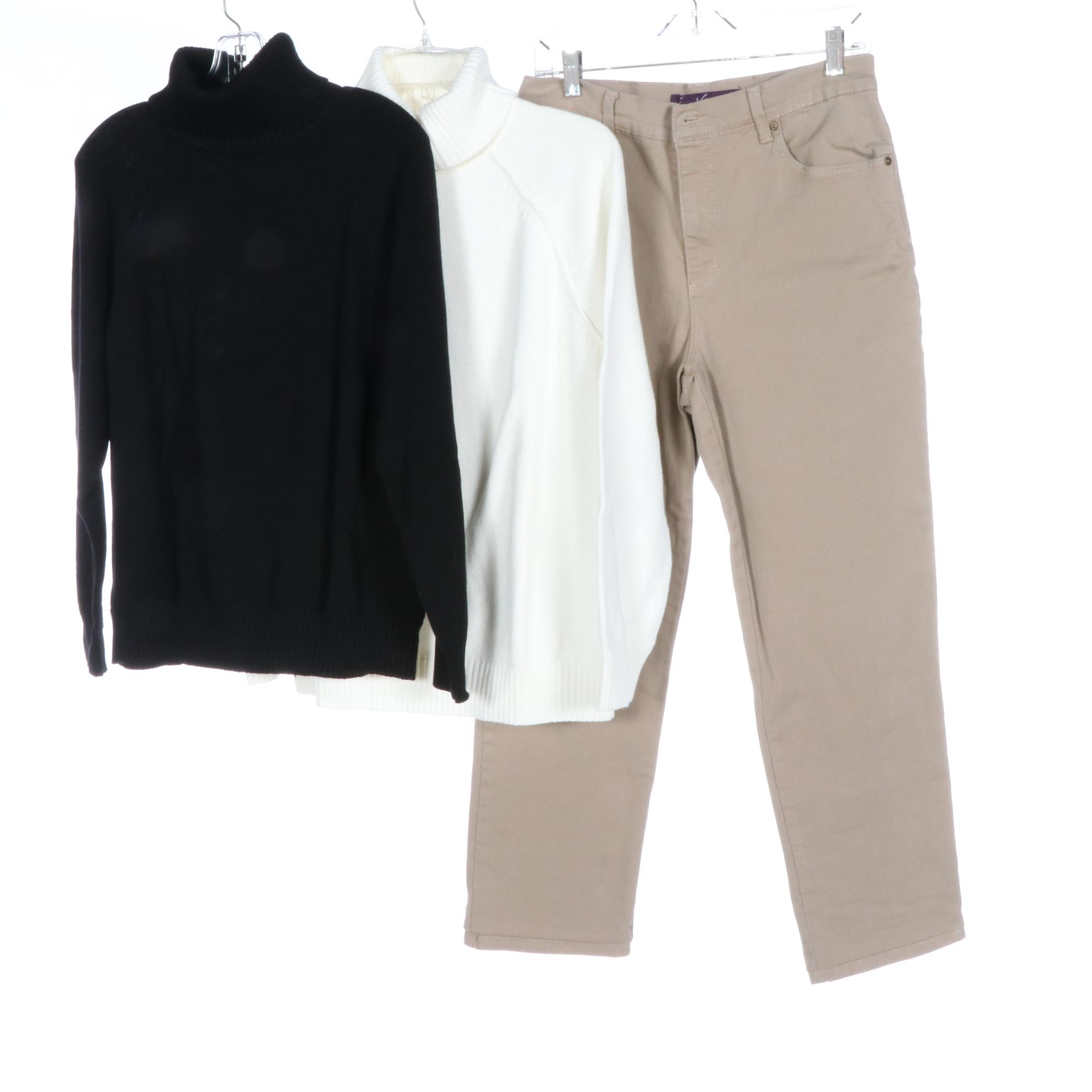 Karen Scott, Gloria Vanderbilt and Crofts & Barrow Turtleneck Sweaters and Jeans