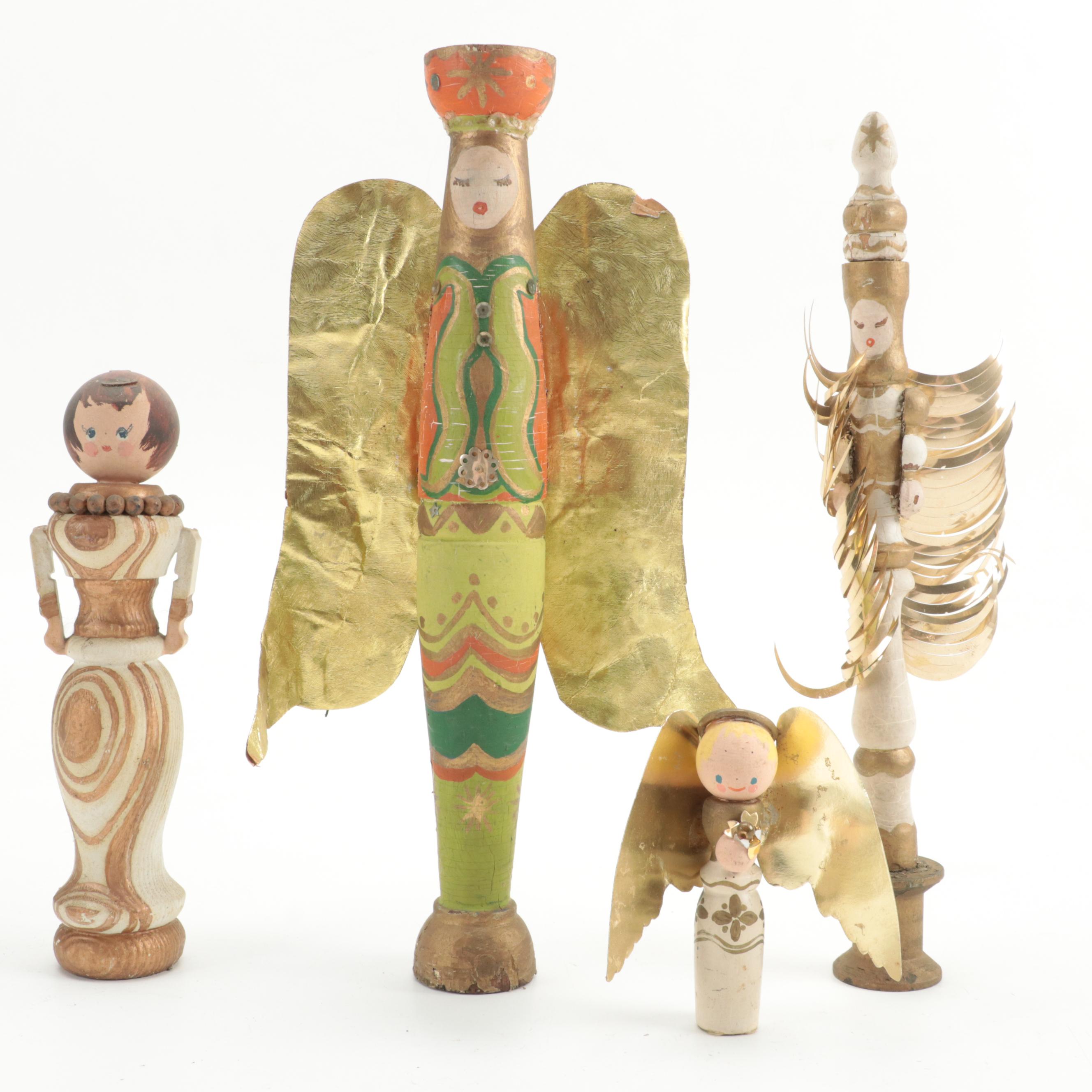 Angel and Other Hand-Painted Wood Figurines
