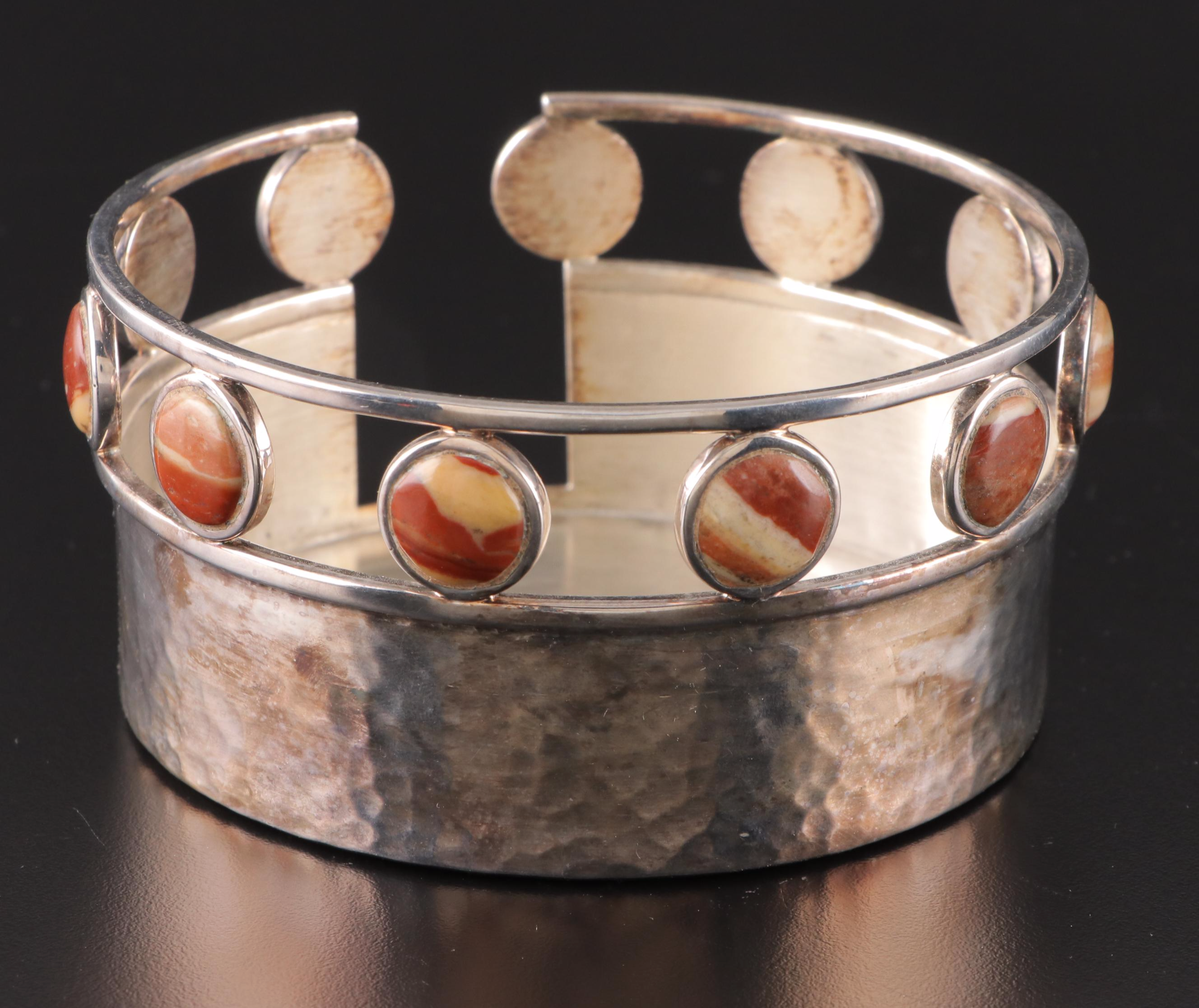 Emilia Castillo Mexican Hammered Silver Plate Coaster Set with Bezel Set Stones