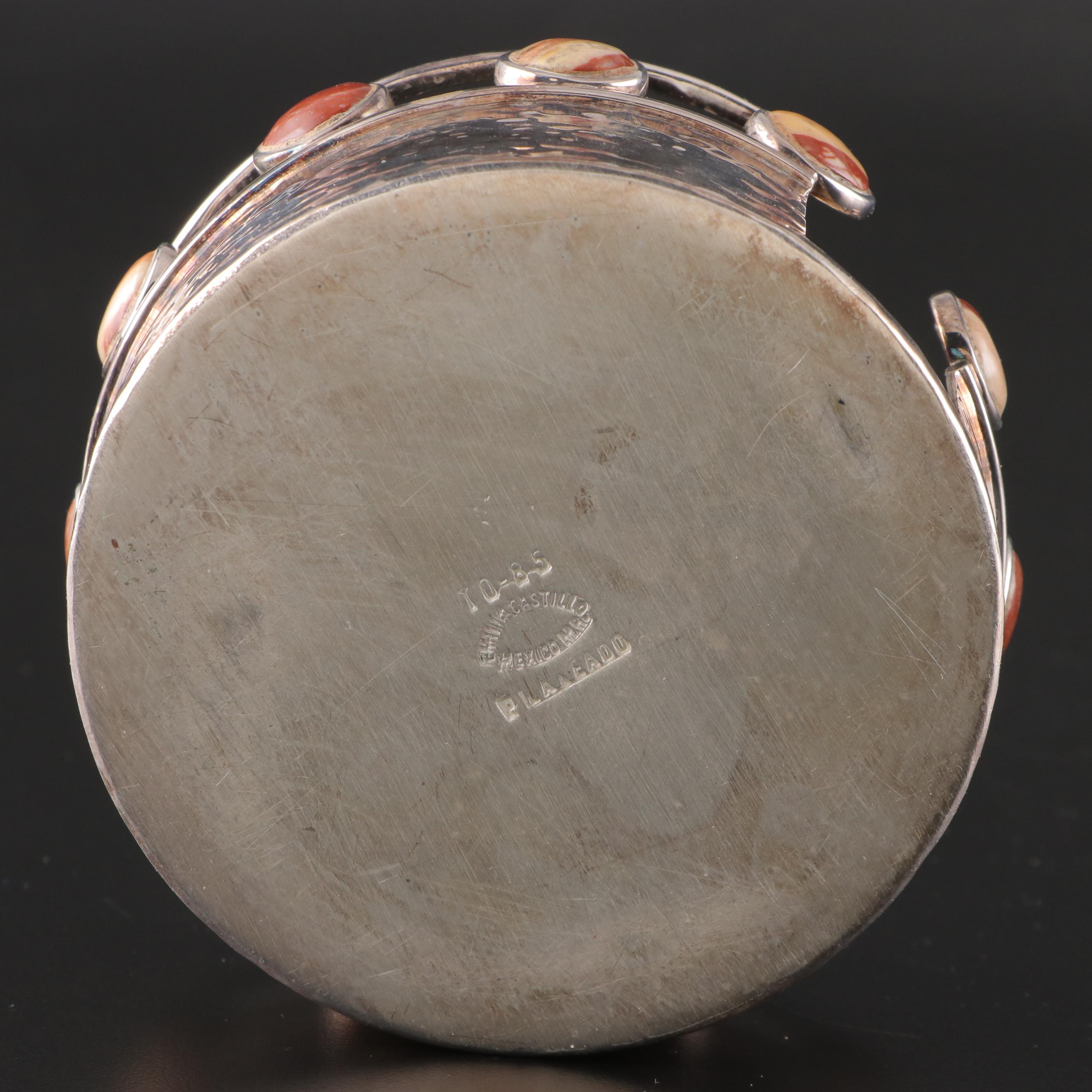 Emilia Castillo Mexican Hammered Silver Plate Coaster Set with Bezel Set Stones