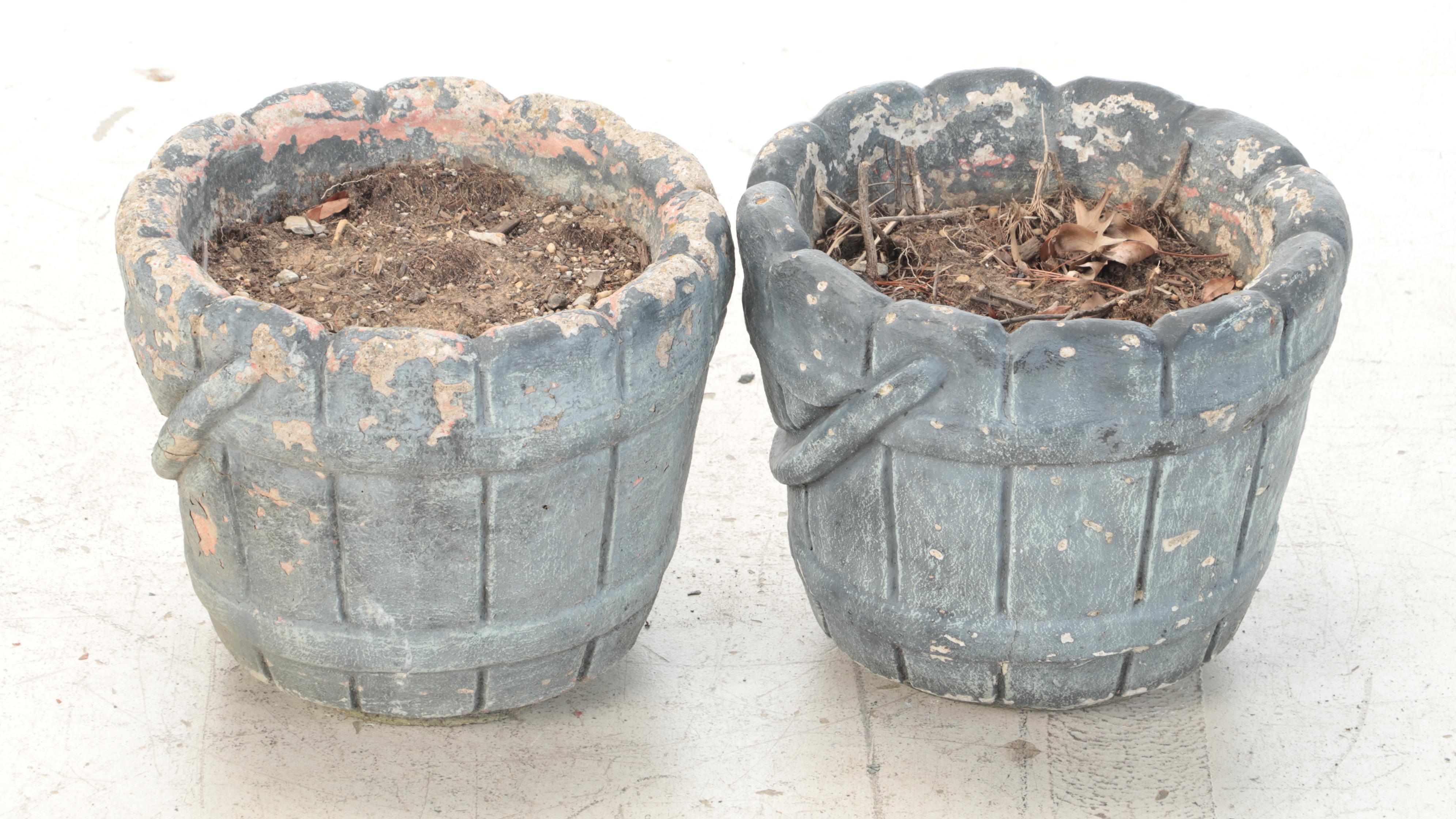 Pair of Painted Bucket Form Concrete Outdoor Planters