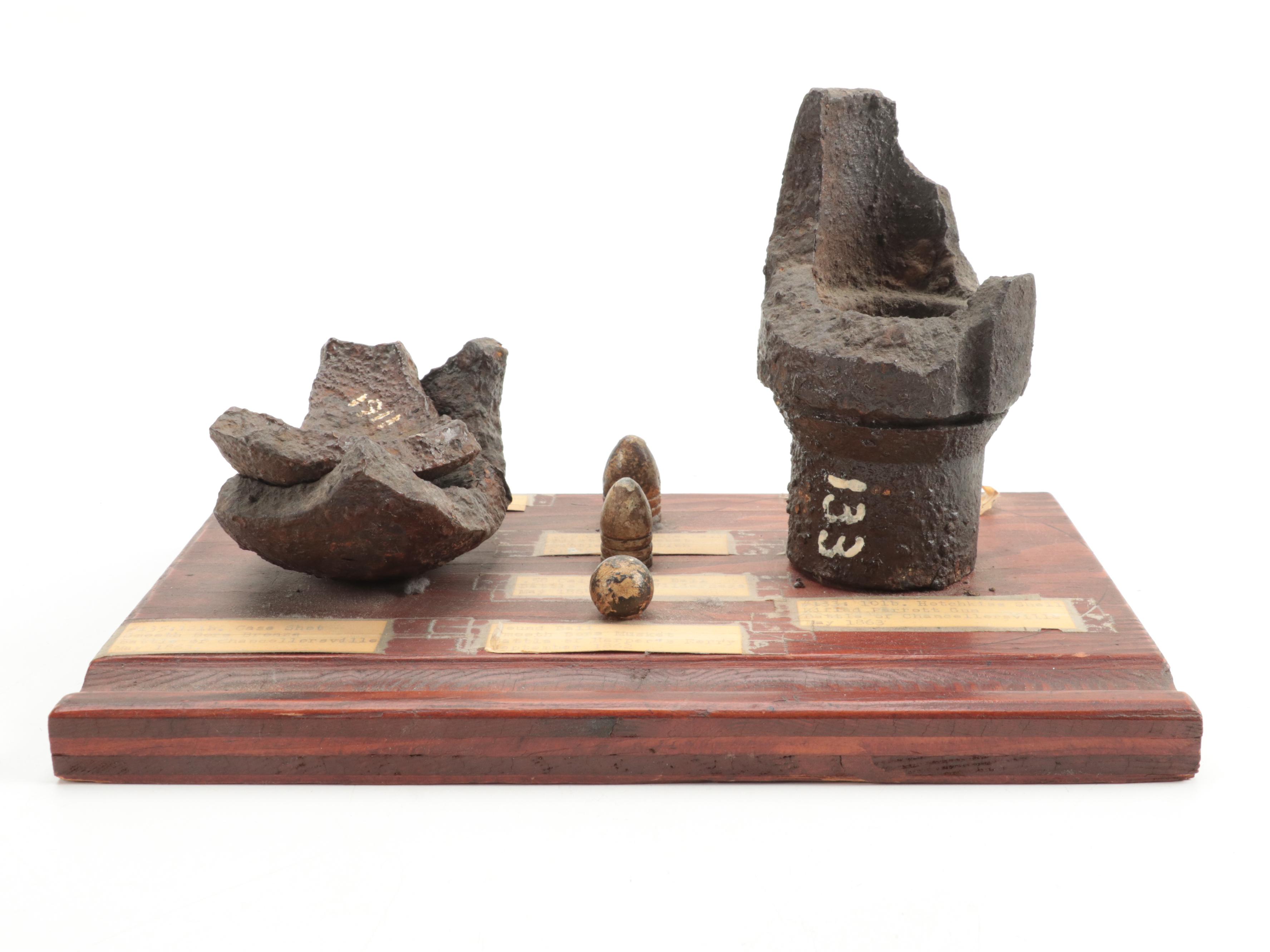 Civil War Era Ammunition and Relic Displays, Including Hotchkiss Shell Remnant