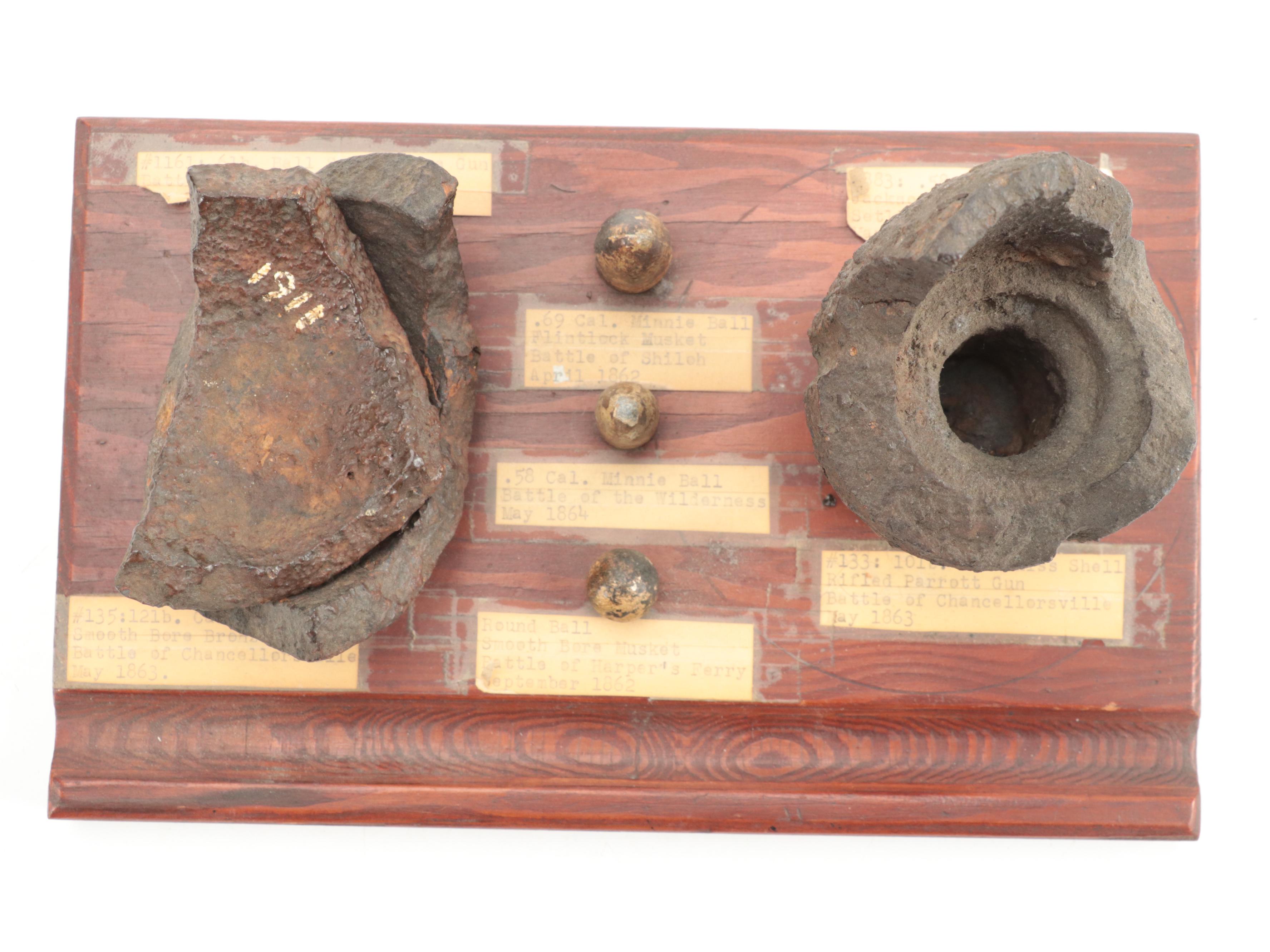 Civil War Era Ammunition and Relic Displays, Including Hotchkiss Shell Remnant