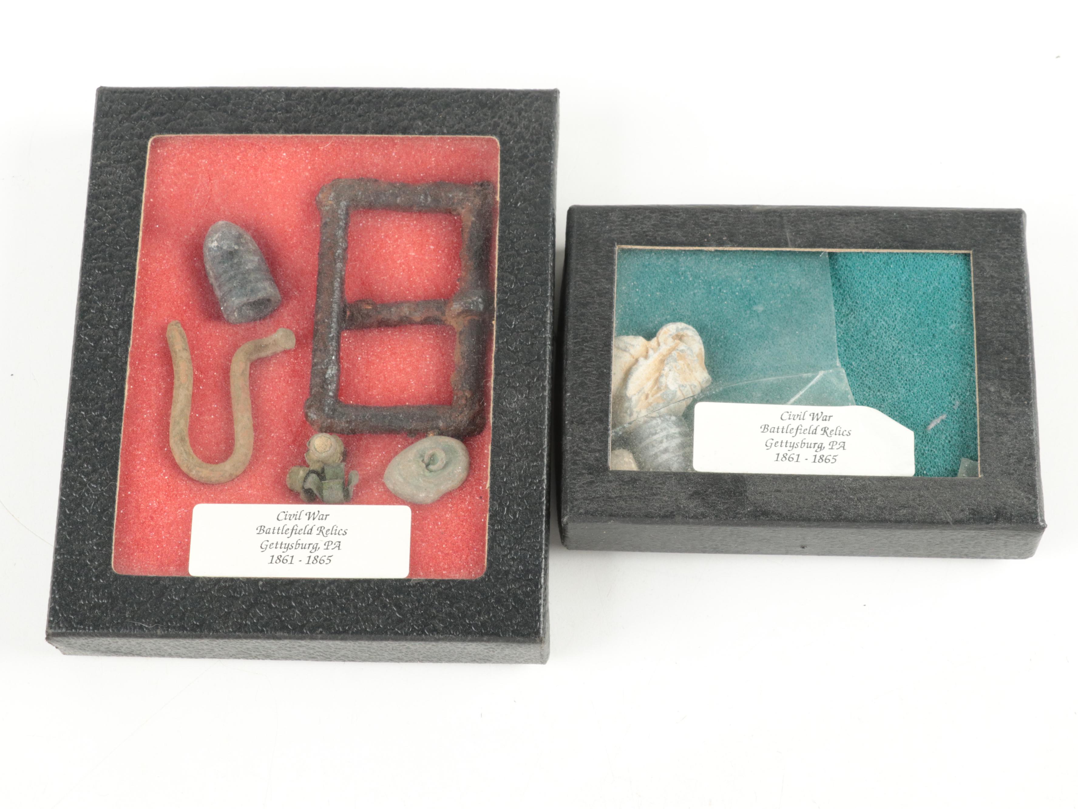 Civil War Era Ammunition and Relic Displays, Including Hotchkiss Shell Remnant