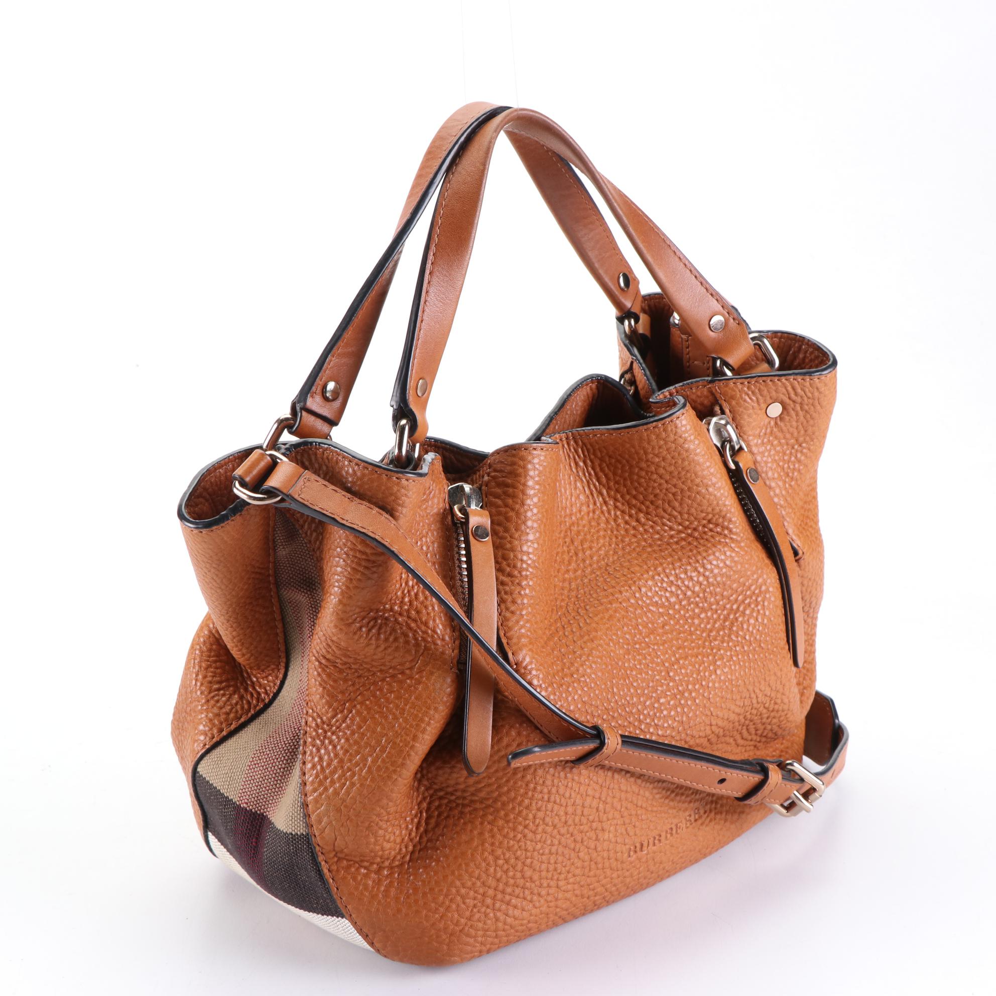 Burberry Maidstone Convertible Tote Bag in Grain Leather and House Check Canvas