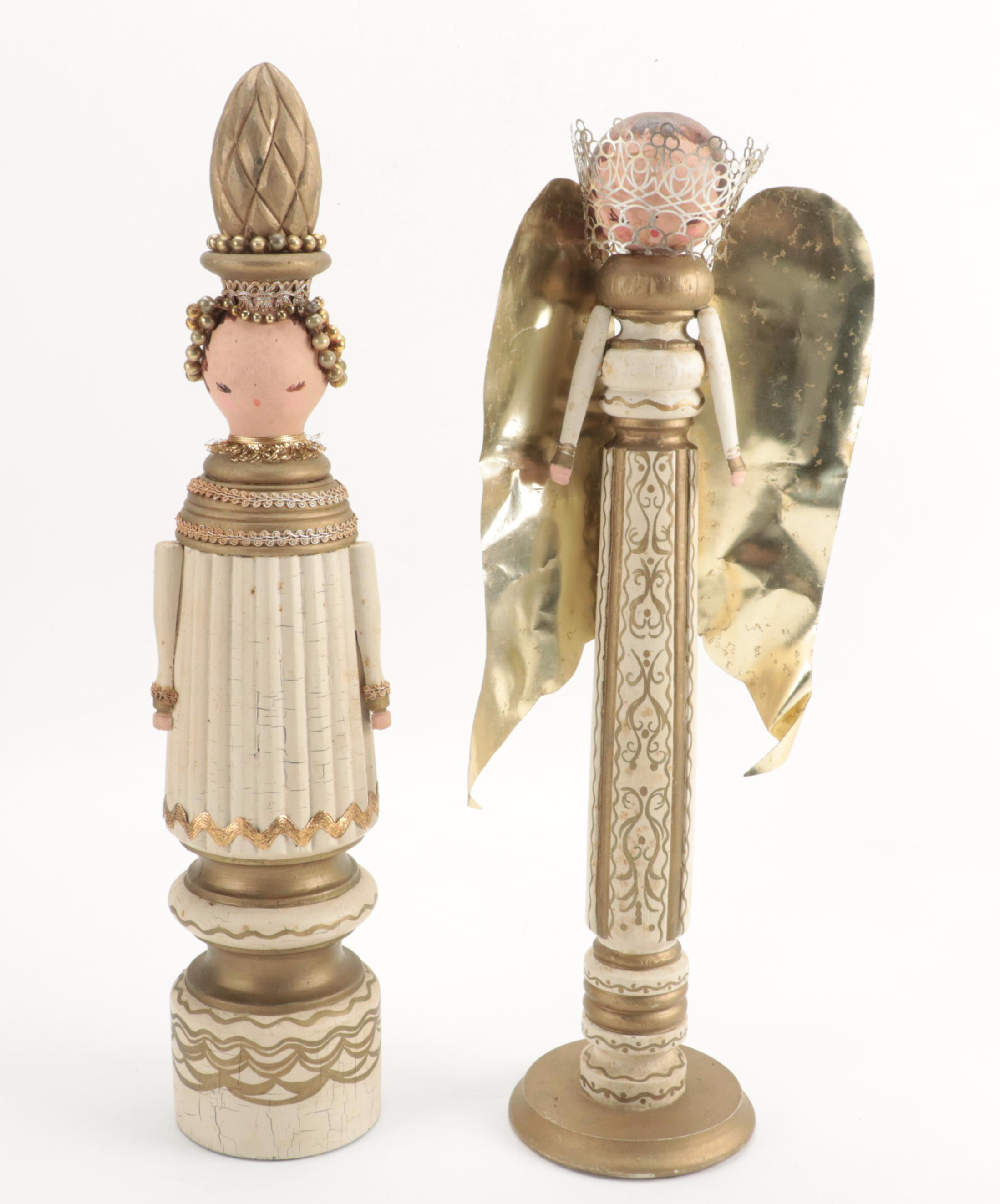 Artist Signed Angel Figurine with Other Hand-Painted Wood Figurines