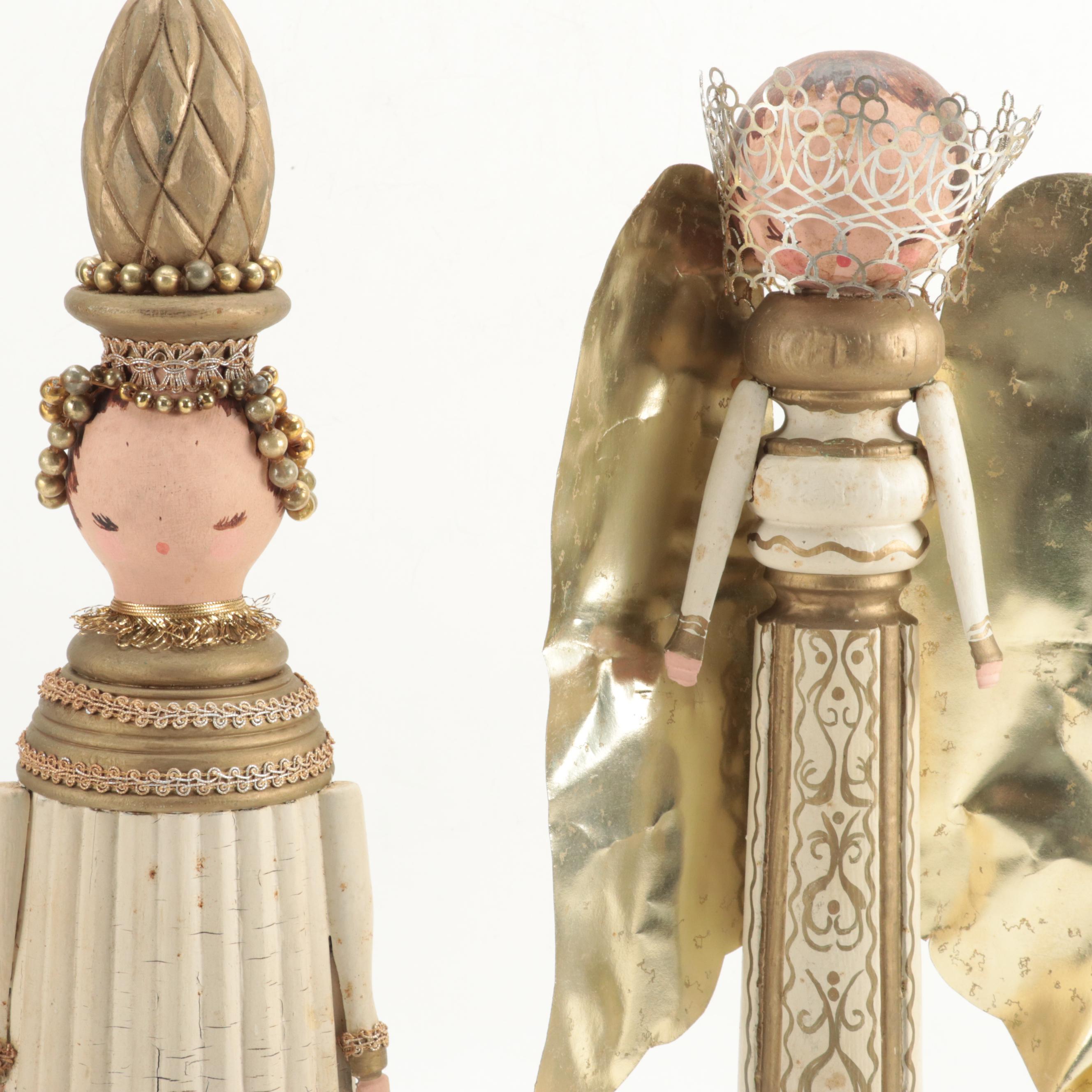 Artist Signed Angel Figurine with Other Hand-Painted Wood Figurines