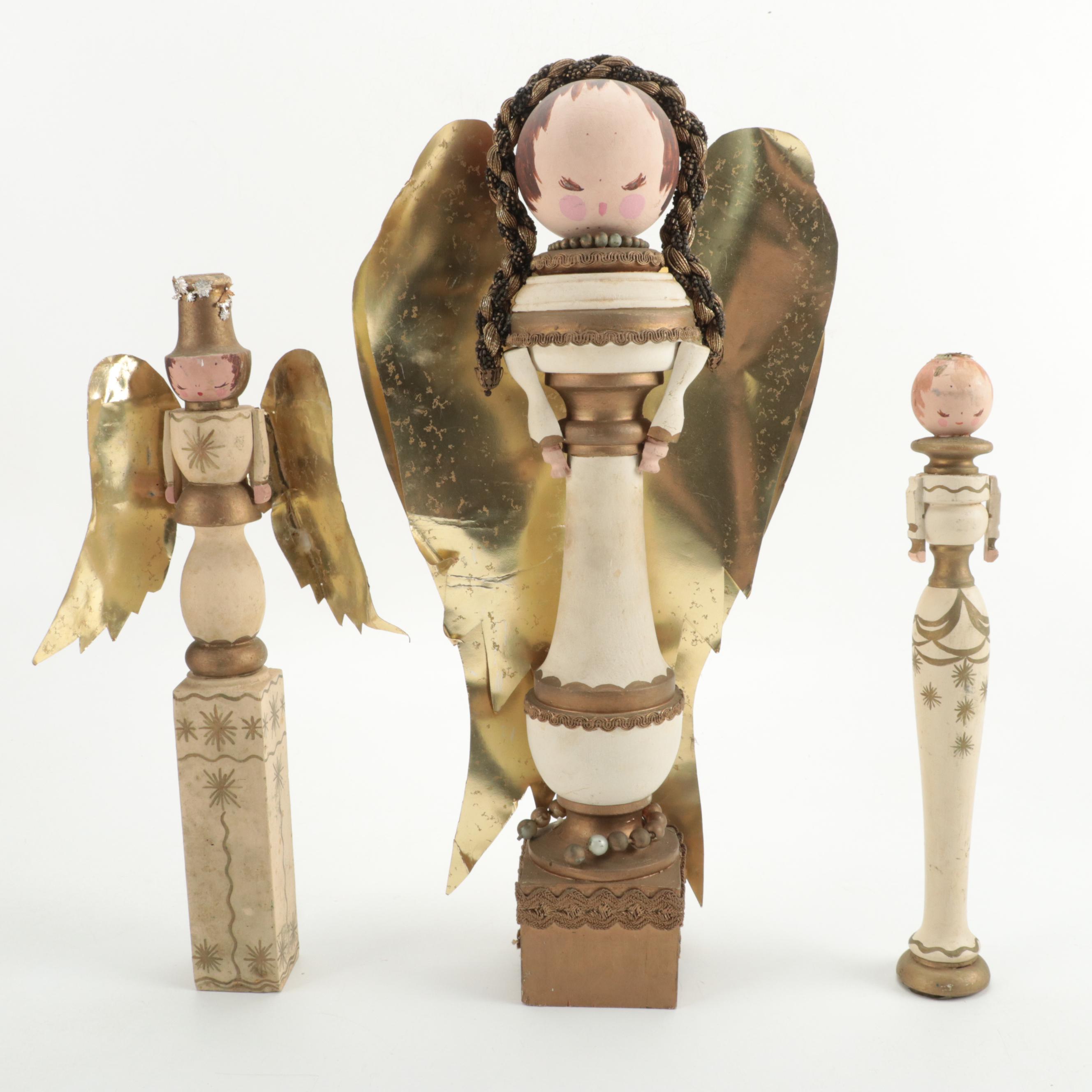 Artist Signed Angel Figurine with Other Hand-Painted Wood Figurines