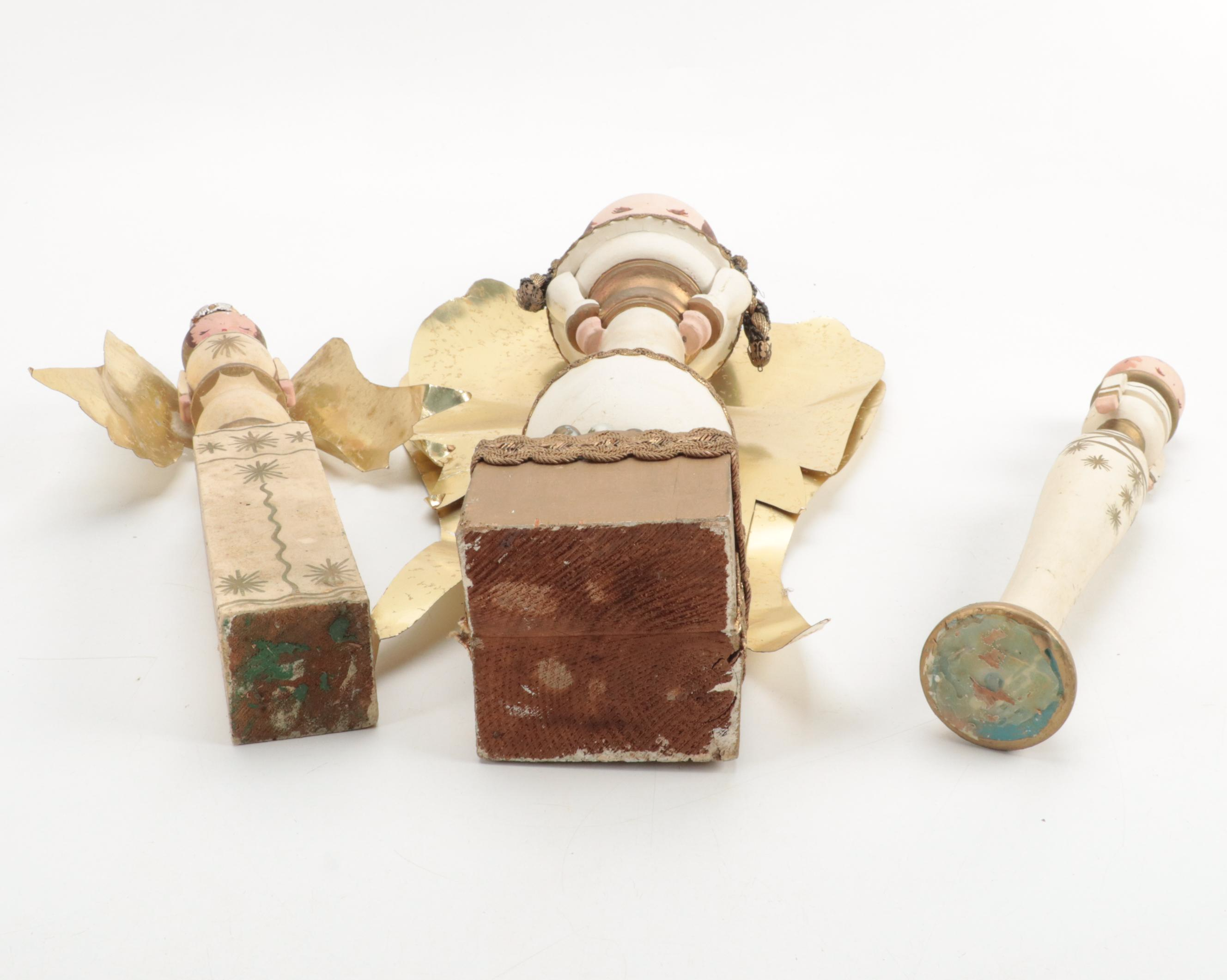 Artist Signed Angel Figurine with Other Hand-Painted Wood Figurines