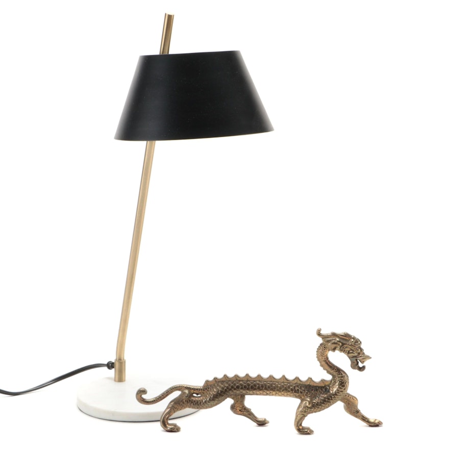 Modern Style Brushed Brass and Marble Desk Lamp with Brass Chinese Dragon Figure