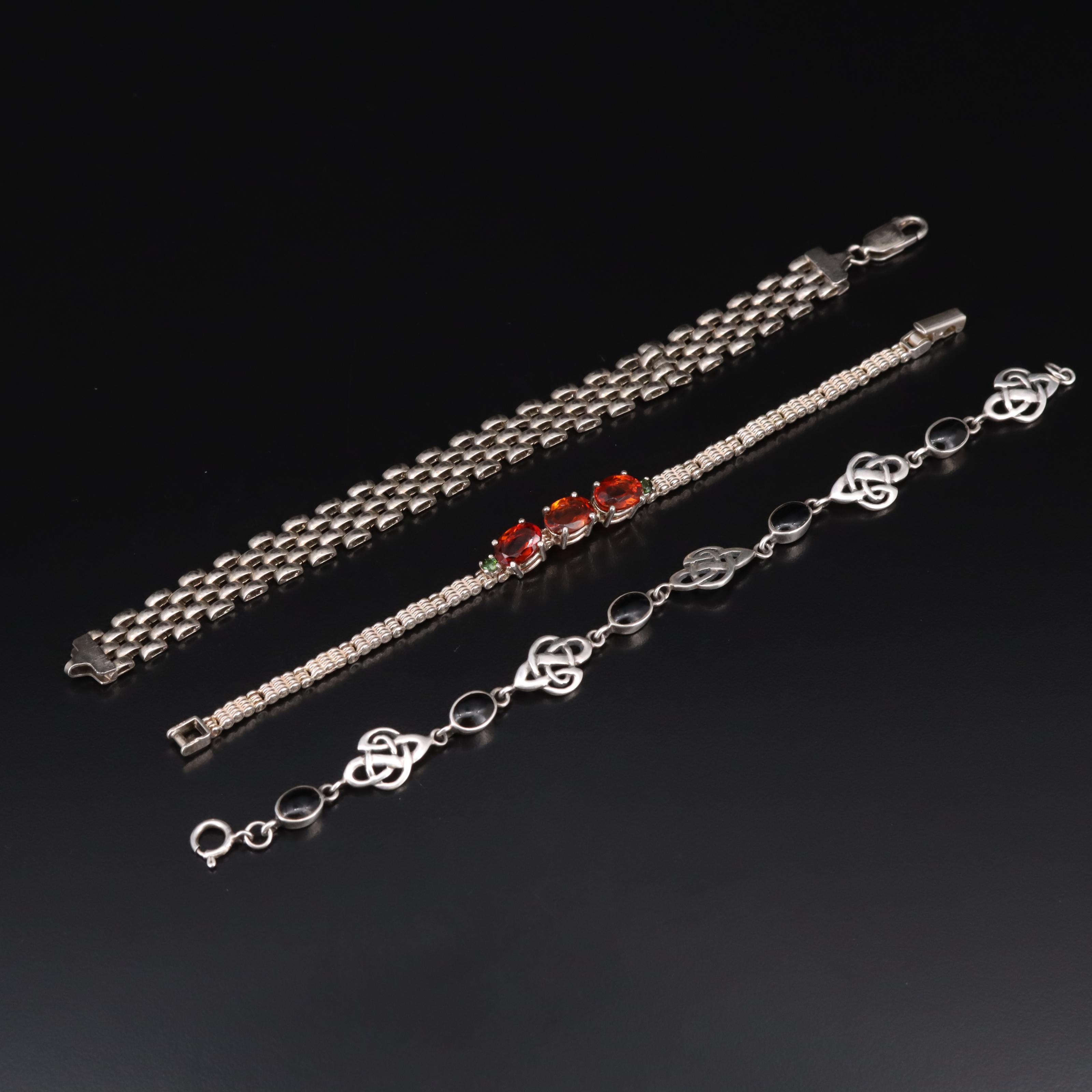 Sterling Citrine, Diopside, Black Onyx and Panther Link Bracelets