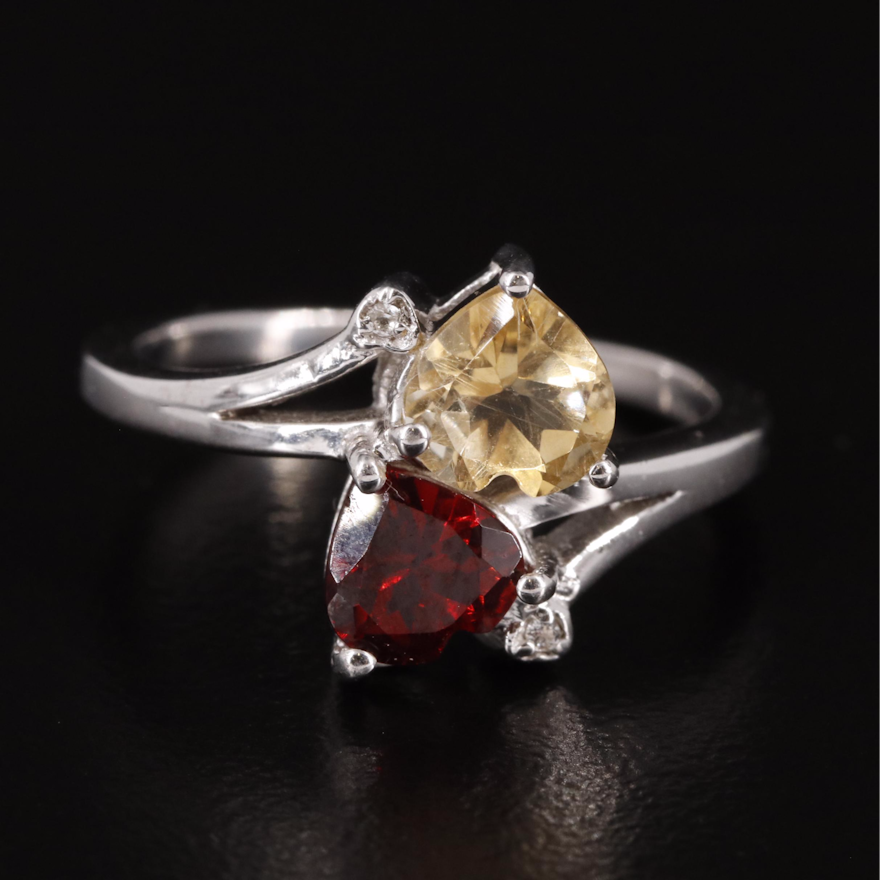Sterling Garnet and Citrine Heart Ring with White Topaz Accents