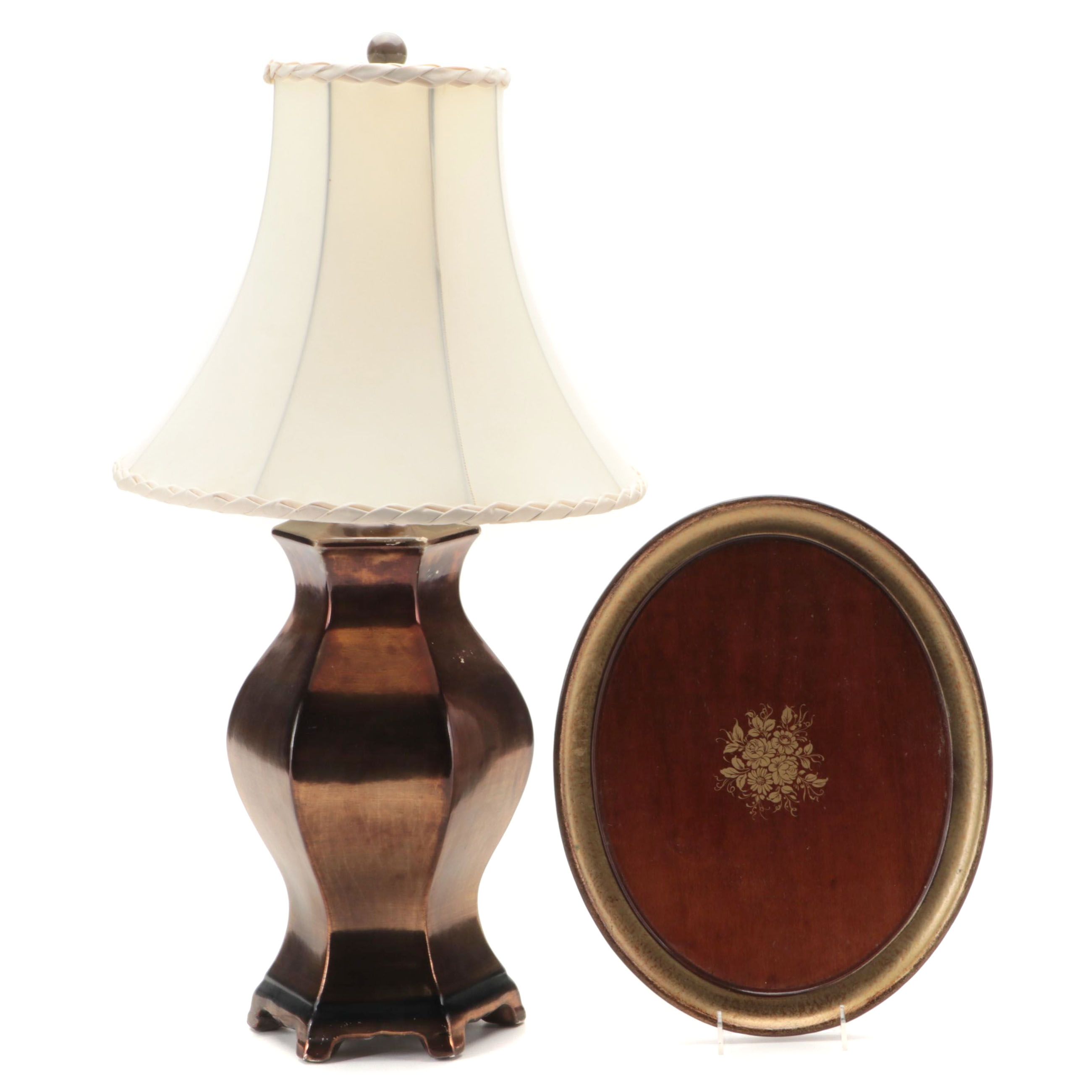 Bronzed Ceramic Ginger Jar Lamp with Italian Gilded Wood Tray