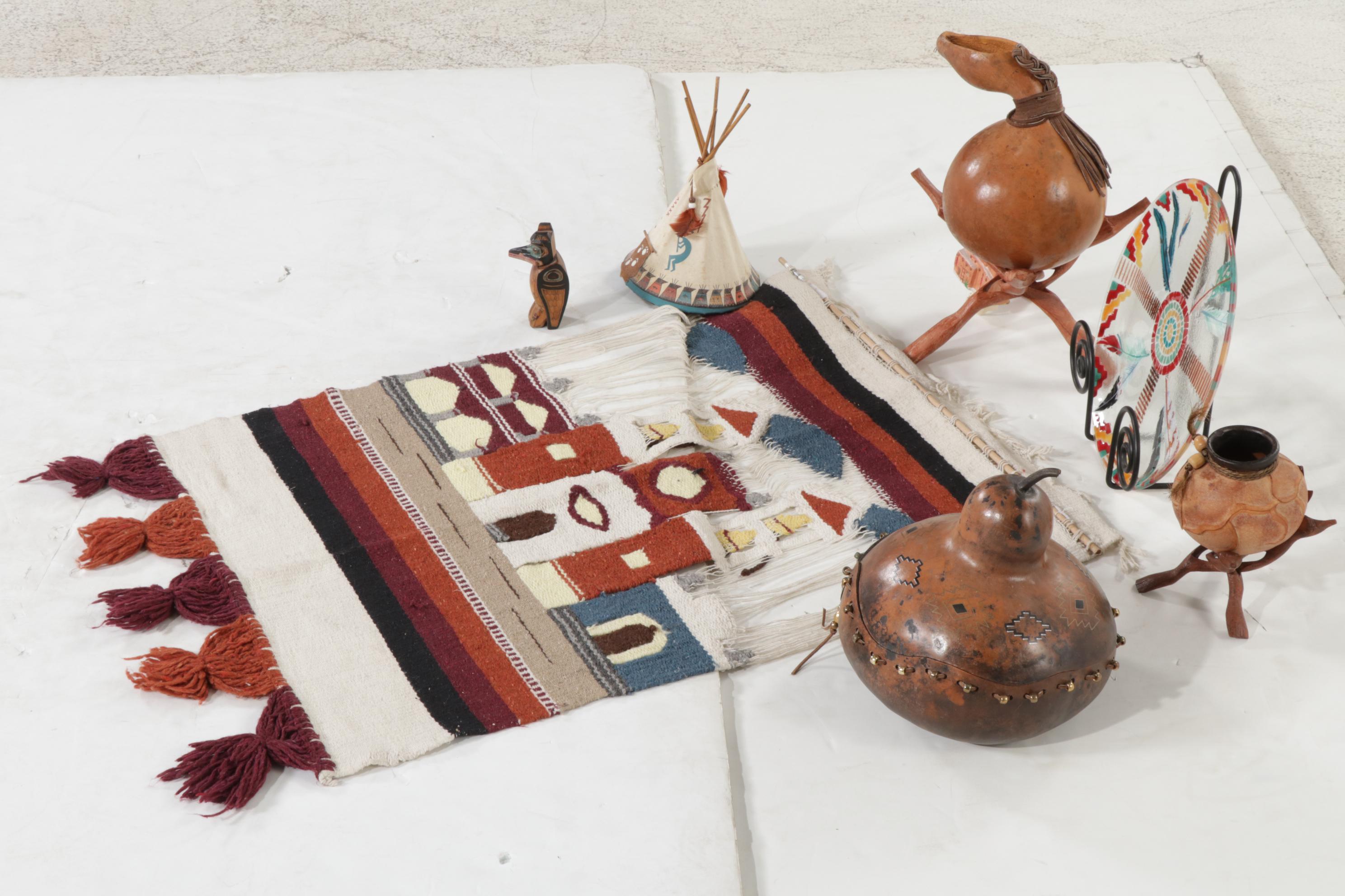 Native American Woven Wall Hanging, Decorative Glass Plate, Gourds, & More Decor