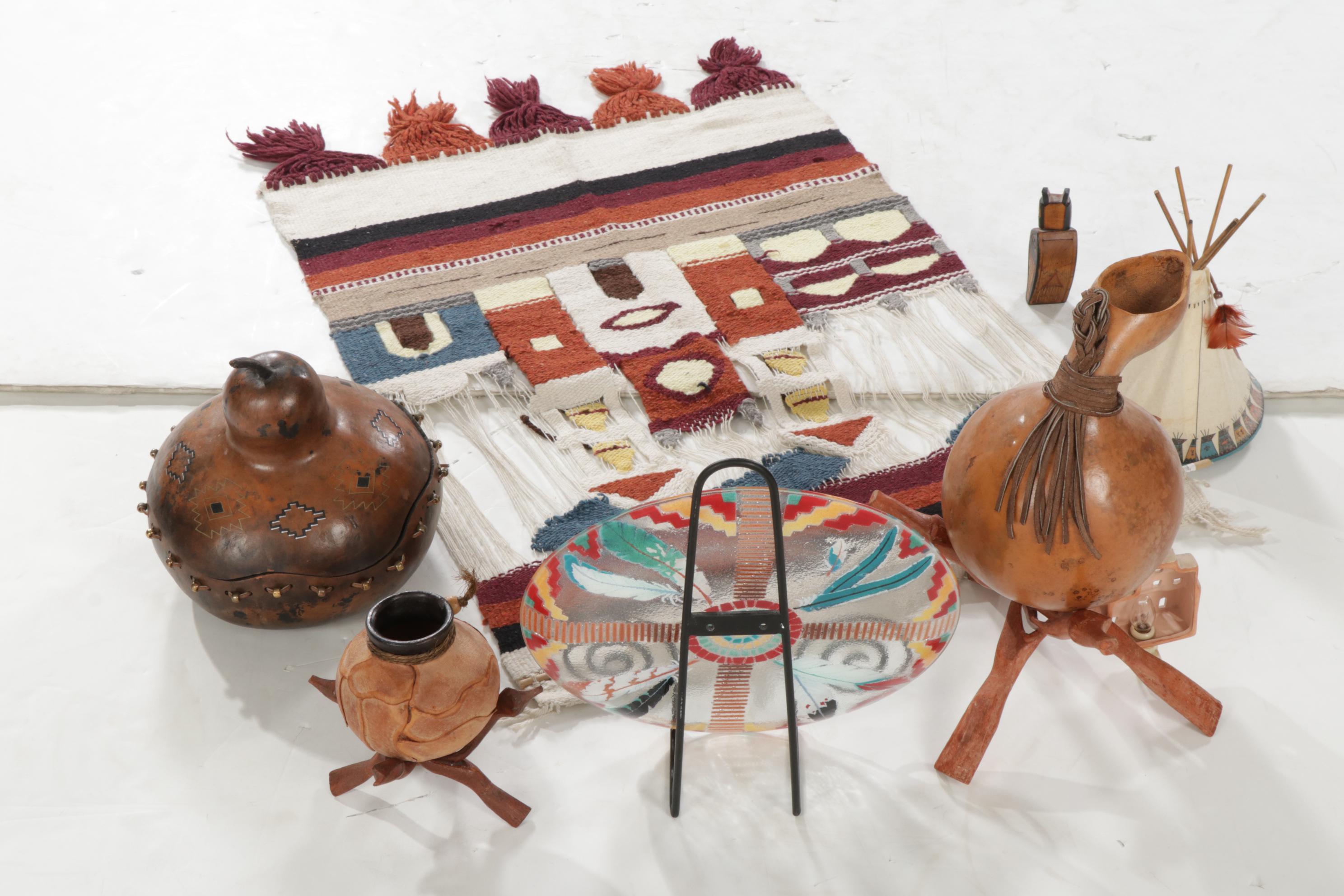 Native American Woven Wall Hanging, Decorative Glass Plate, Gourds, & More Decor