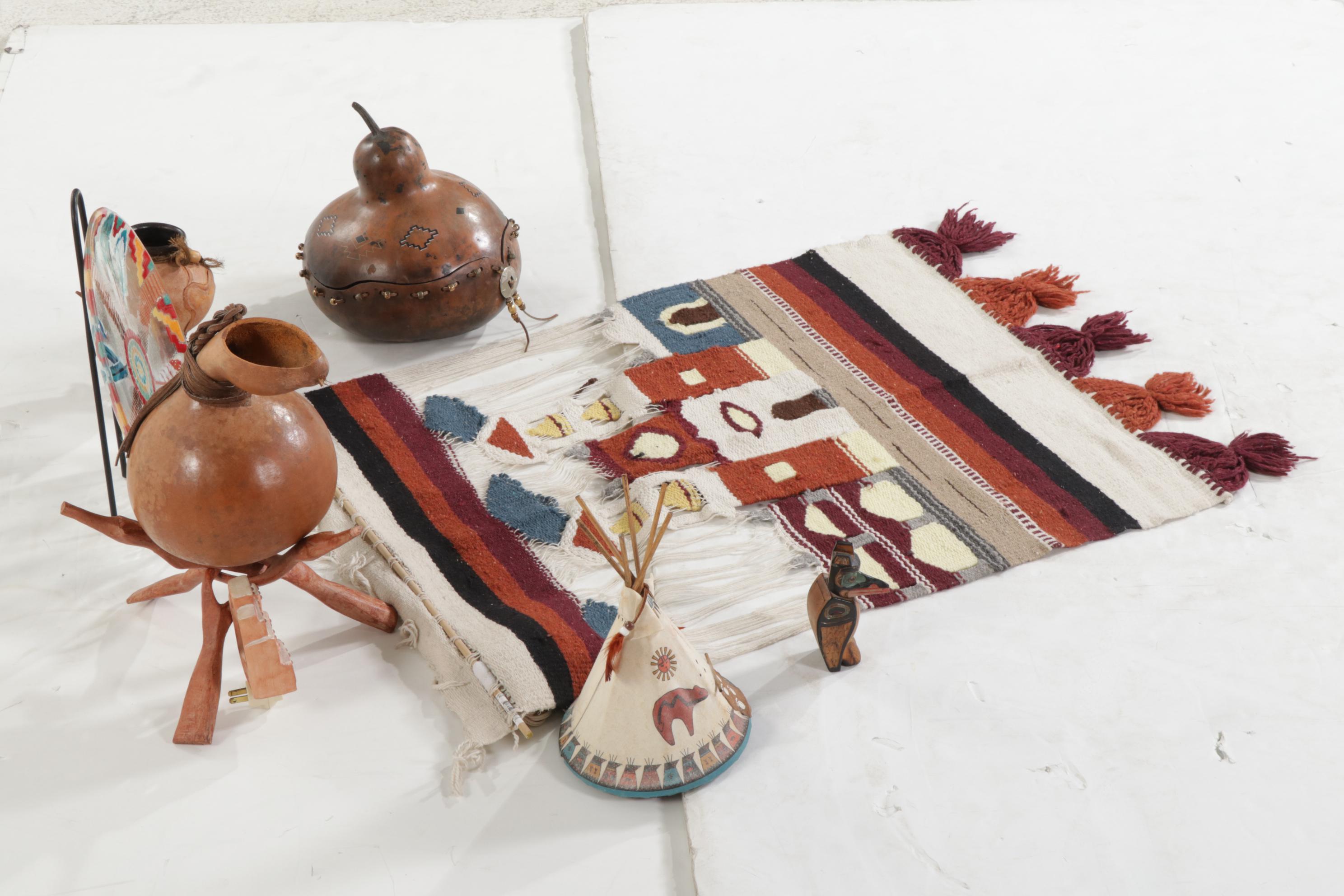 Native American Woven Wall Hanging, Decorative Glass Plate, Gourds, & More Decor