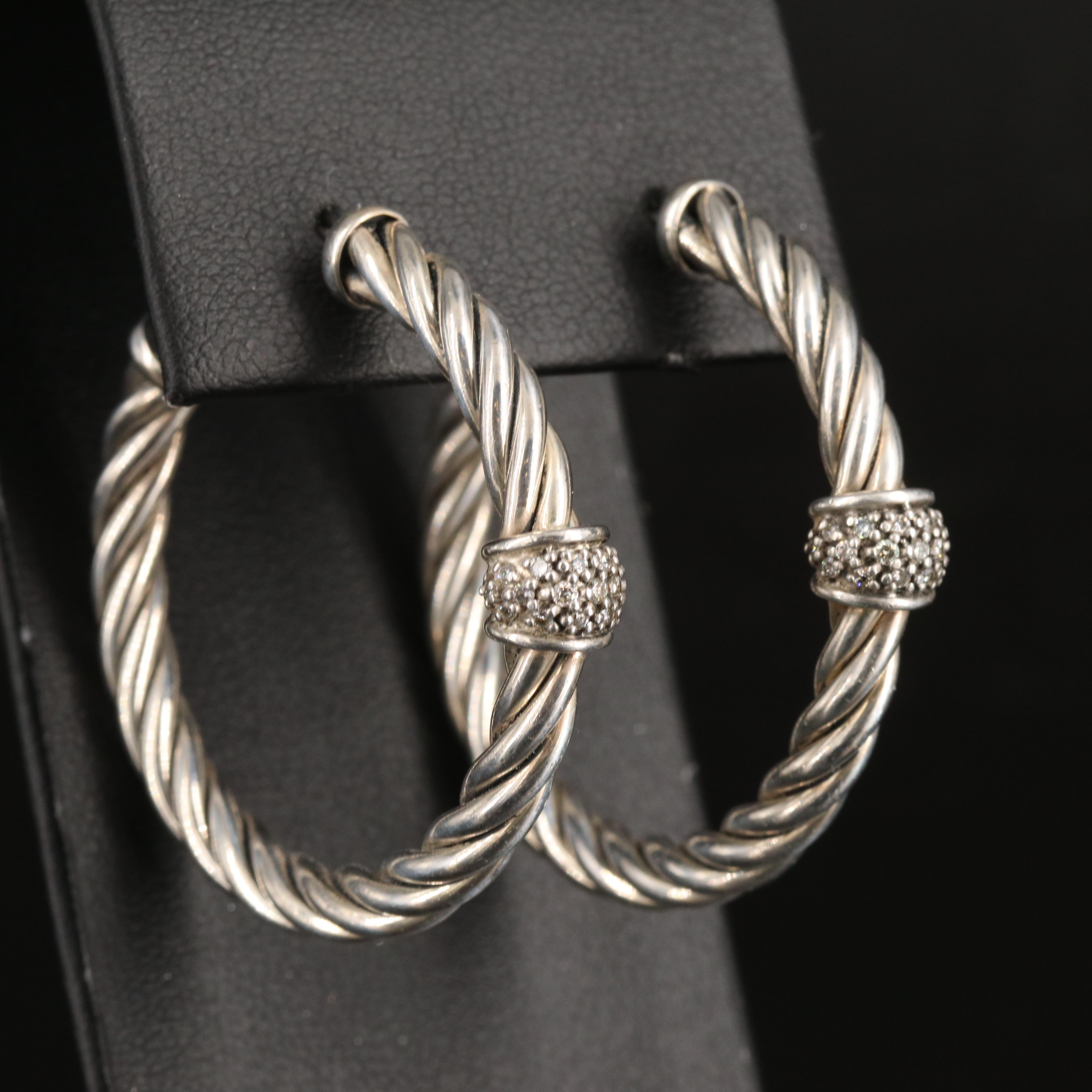 David Yurman "Classic Cable" Sterling Diamond Hoop Earrings