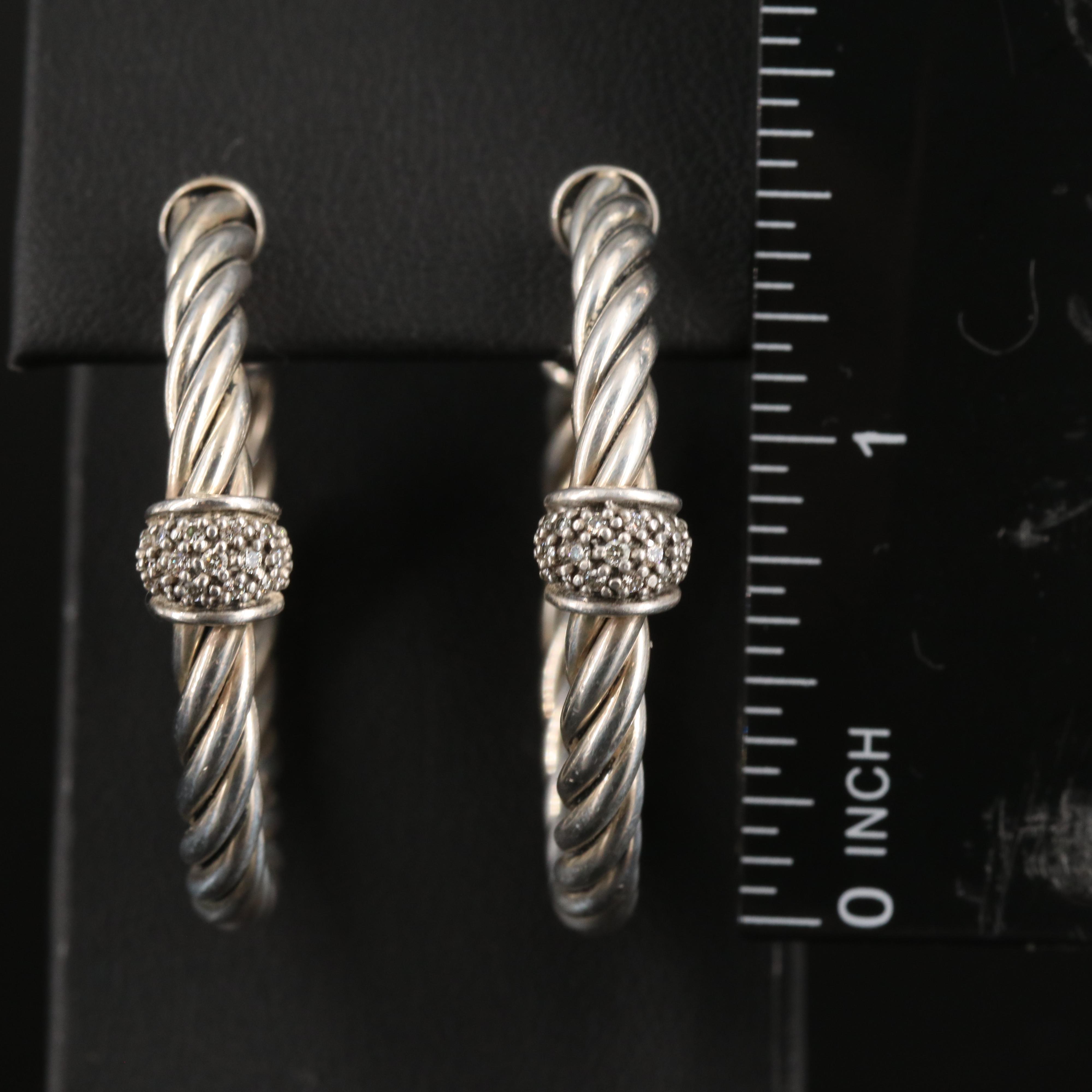 David Yurman "Classic Cable" Sterling Diamond Hoop Earrings